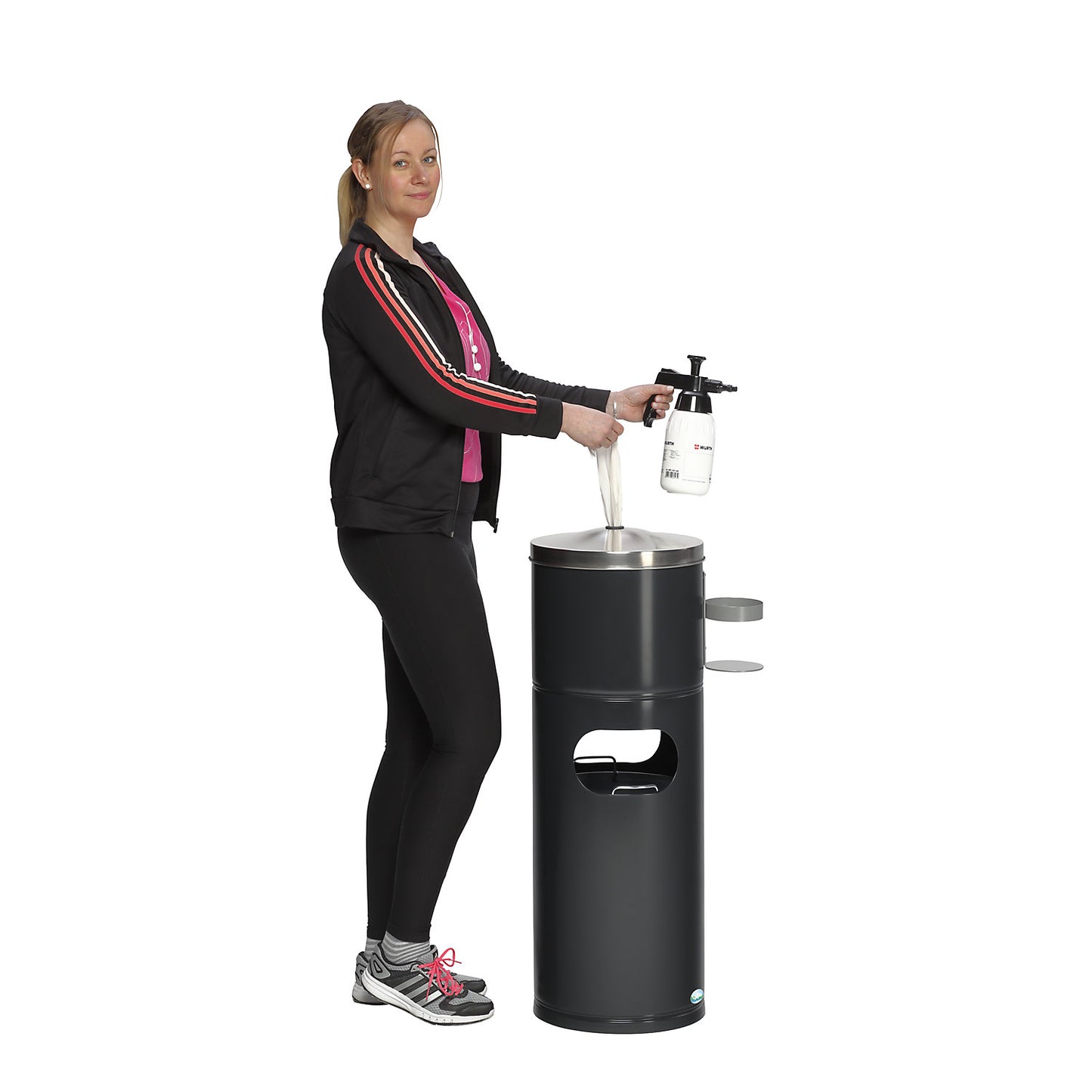Cleaning station, with paper dispenser and bottle holder, stainless steel.