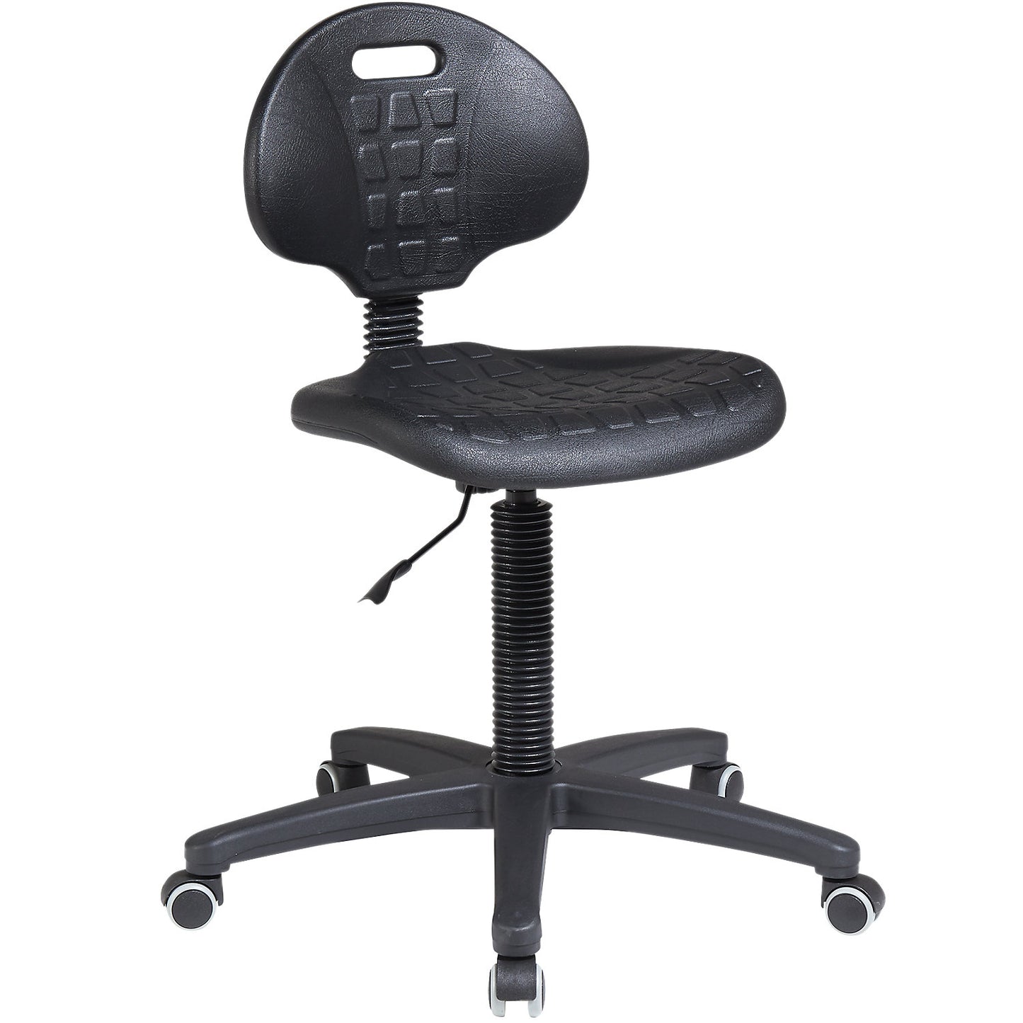Hebe industrial chair, plastic seat, low, PU foam, castors for hard floors.