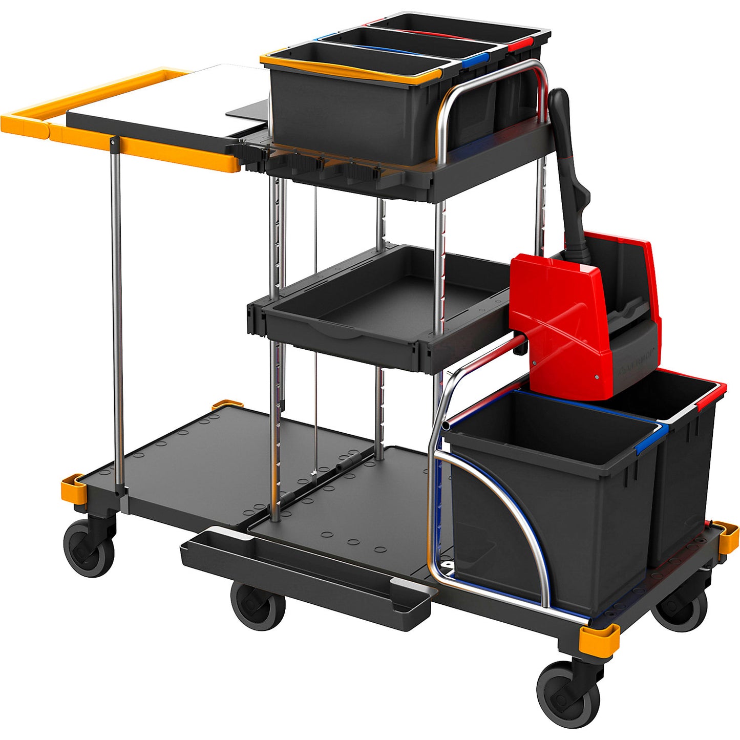 EQUIPE cleaning trolley, LxWxH 1410 x 620 x 1140 mm, with folding disposal unit.