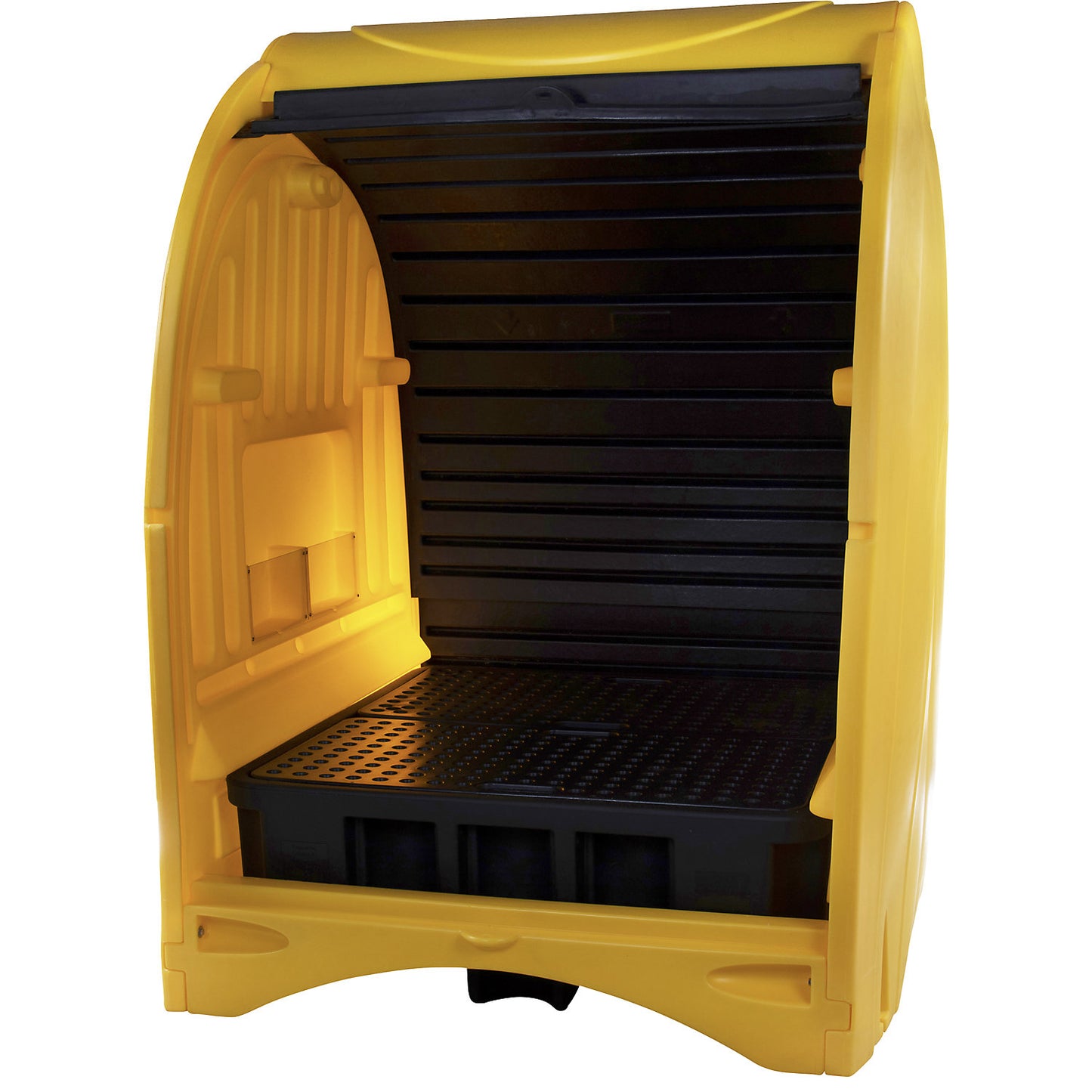 PE hazardous goods storage unit with roller shutter, for 4 x 200 l drums, collection capacity 450 l, HxWxD 2110 x 1565 x 1620 mm.