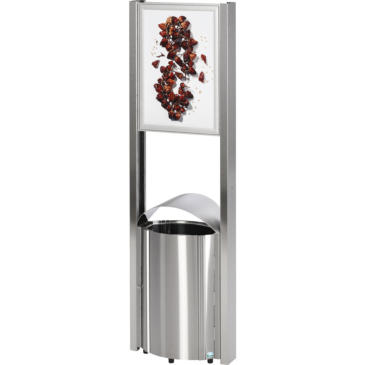 Waste collector with advertising space, capacity 50 l, HxWxD 1800 x 580 x 350 mm, stainless steel.