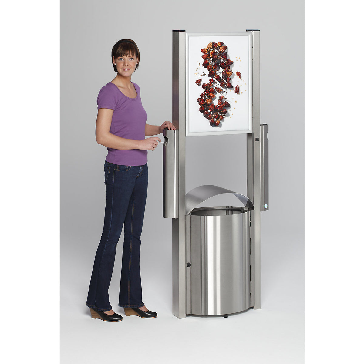 Waste collector with ashtray and advertising space, capacity 50 l, HxWxD 1800 x 710 x 350 mm, stainless steel.