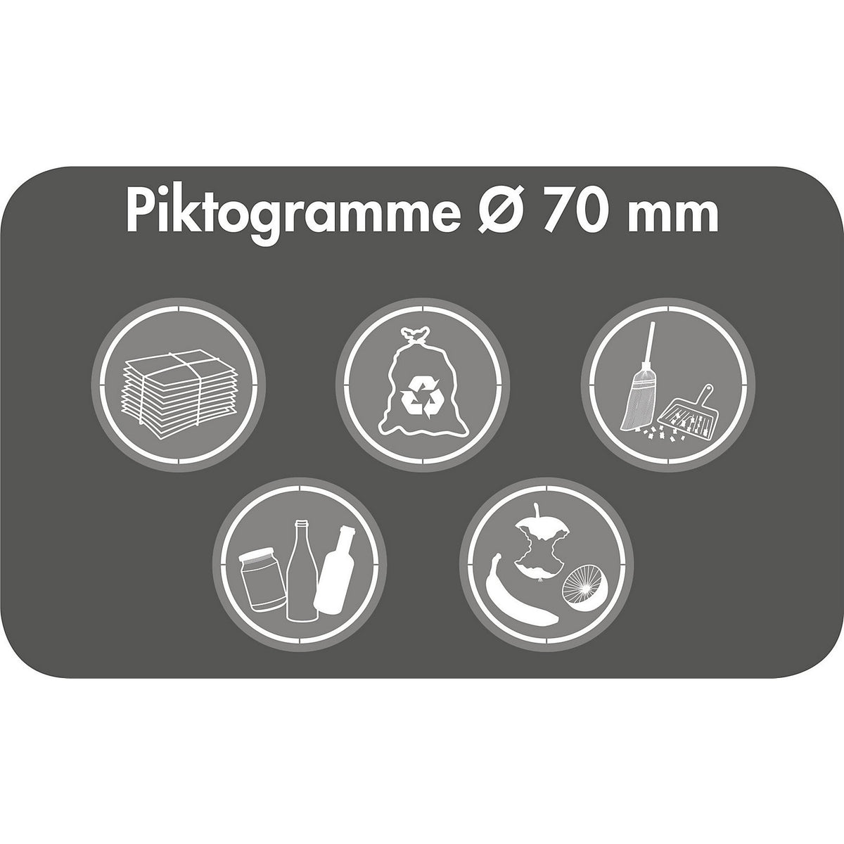 Pictograms, Ø 70 mm, international, with symbols, white.