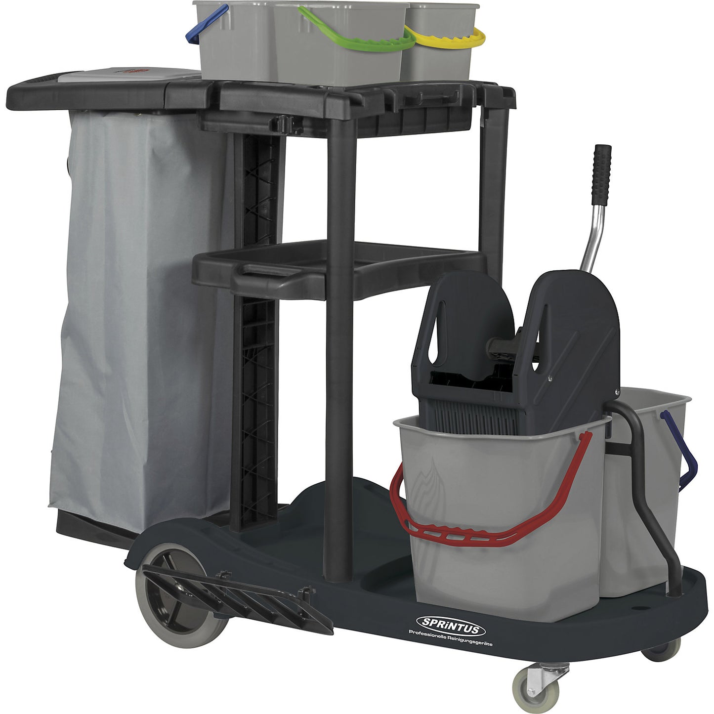 PuriX service trolley, with a 4 bucket system, mop wringer, waste separation, rubber lined wheels.