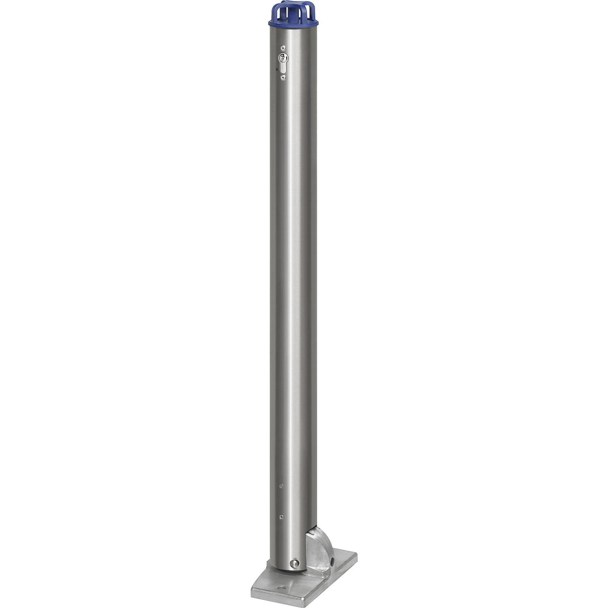Stainless steel barrier post, with chain head, for bolting in place, Ø 76 mm, folding, profile cylinder.