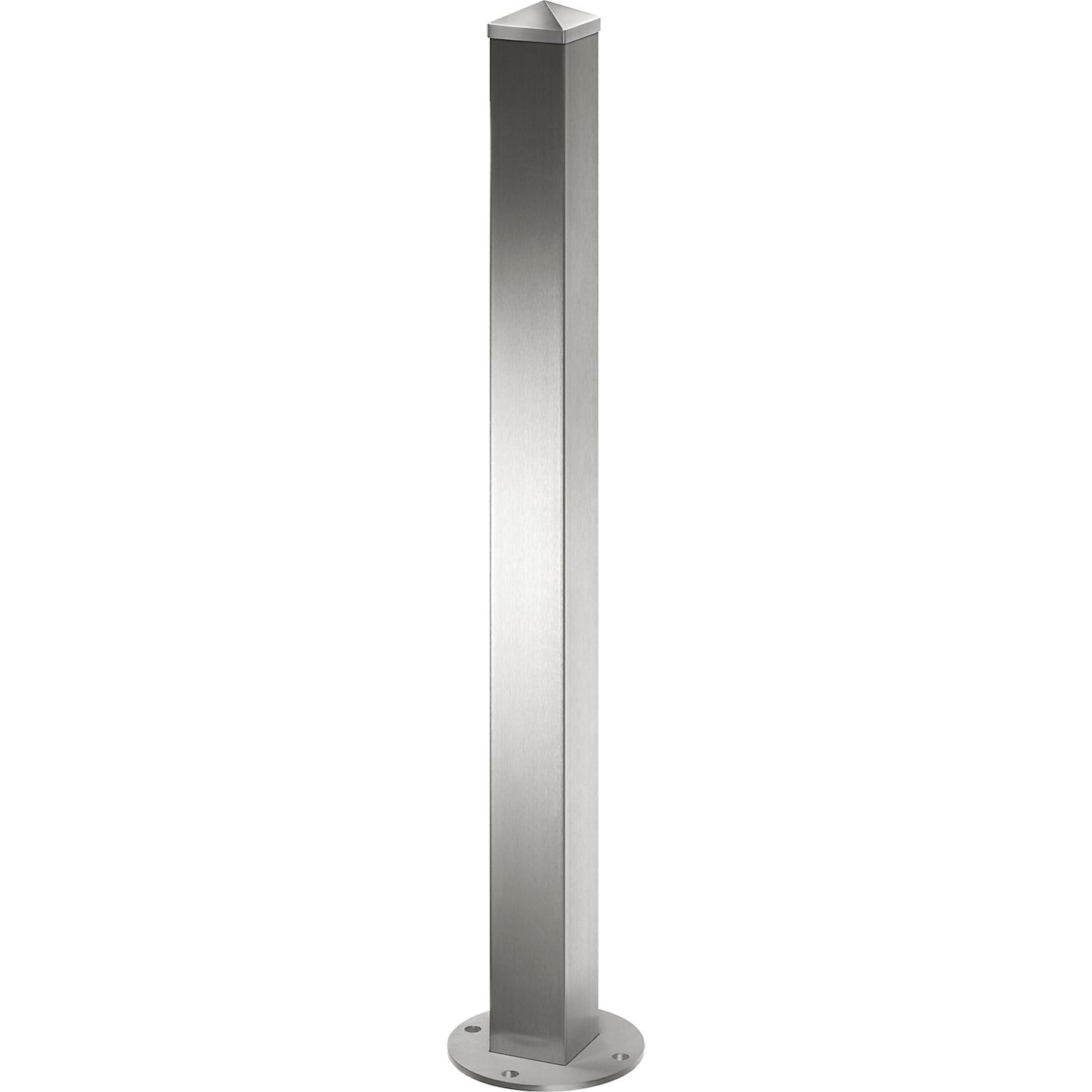Stainless steel barrier post, with pointed head, for bolting in place, 70 x 70 mm, fixed.