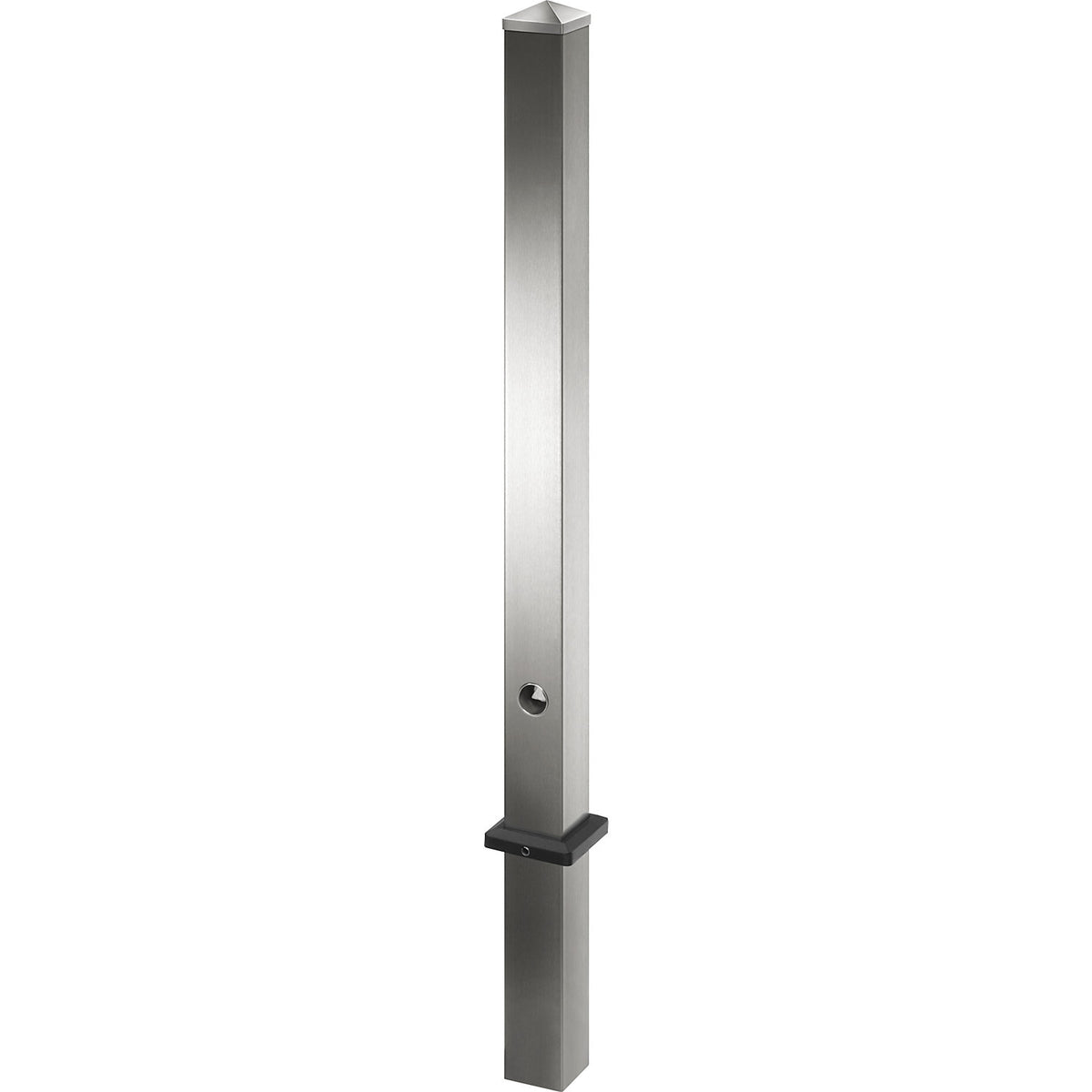 Stainless steel barrier post, with pointed head, for concreting in with ground sleeve, 70 x 70 mm, triangular lock.