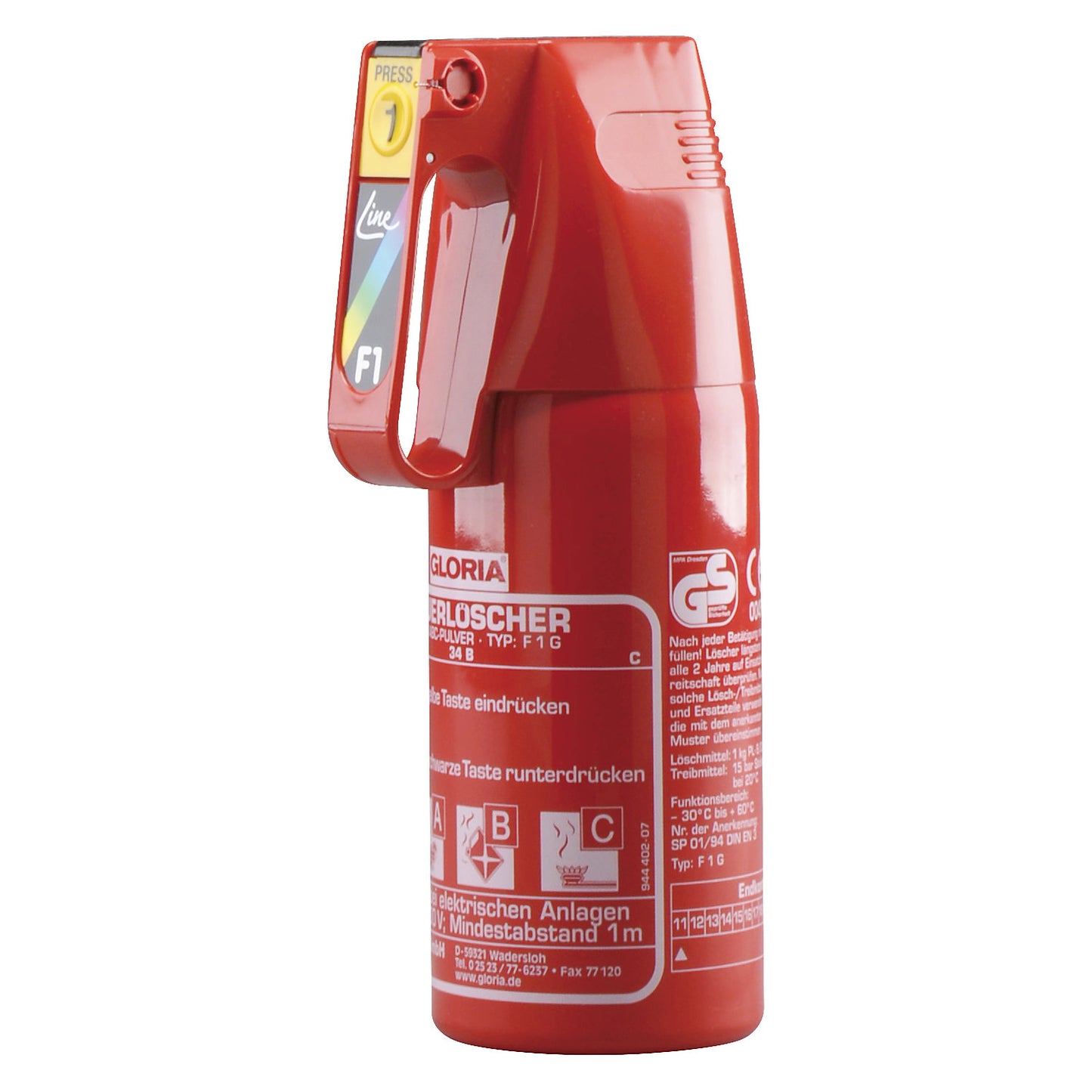 Compact powder fire extinguisher, contents 1 kg, fire classes A+B+C.