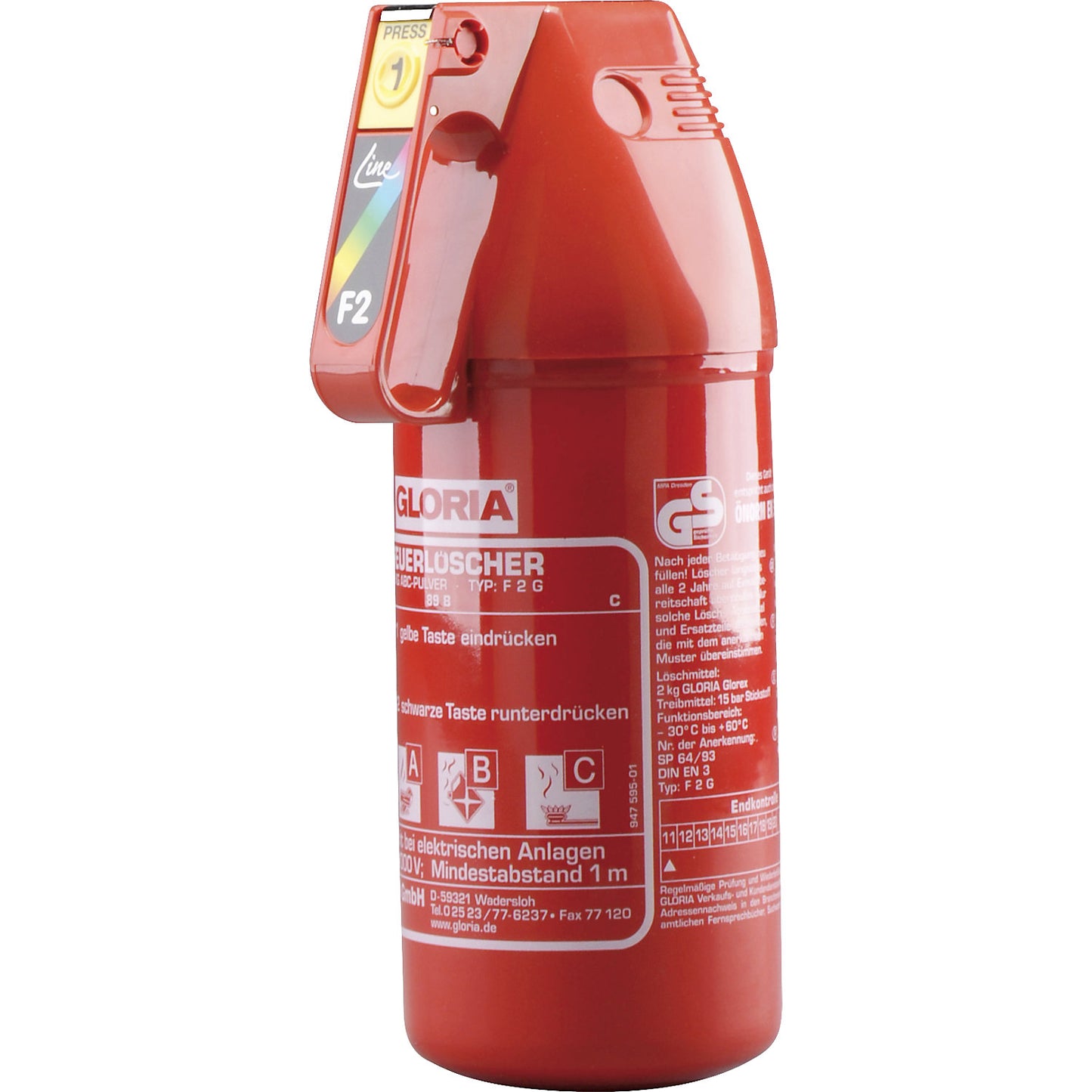 Compact powder fire extinguisher, contents 2 kg, fire classes A+B+C.