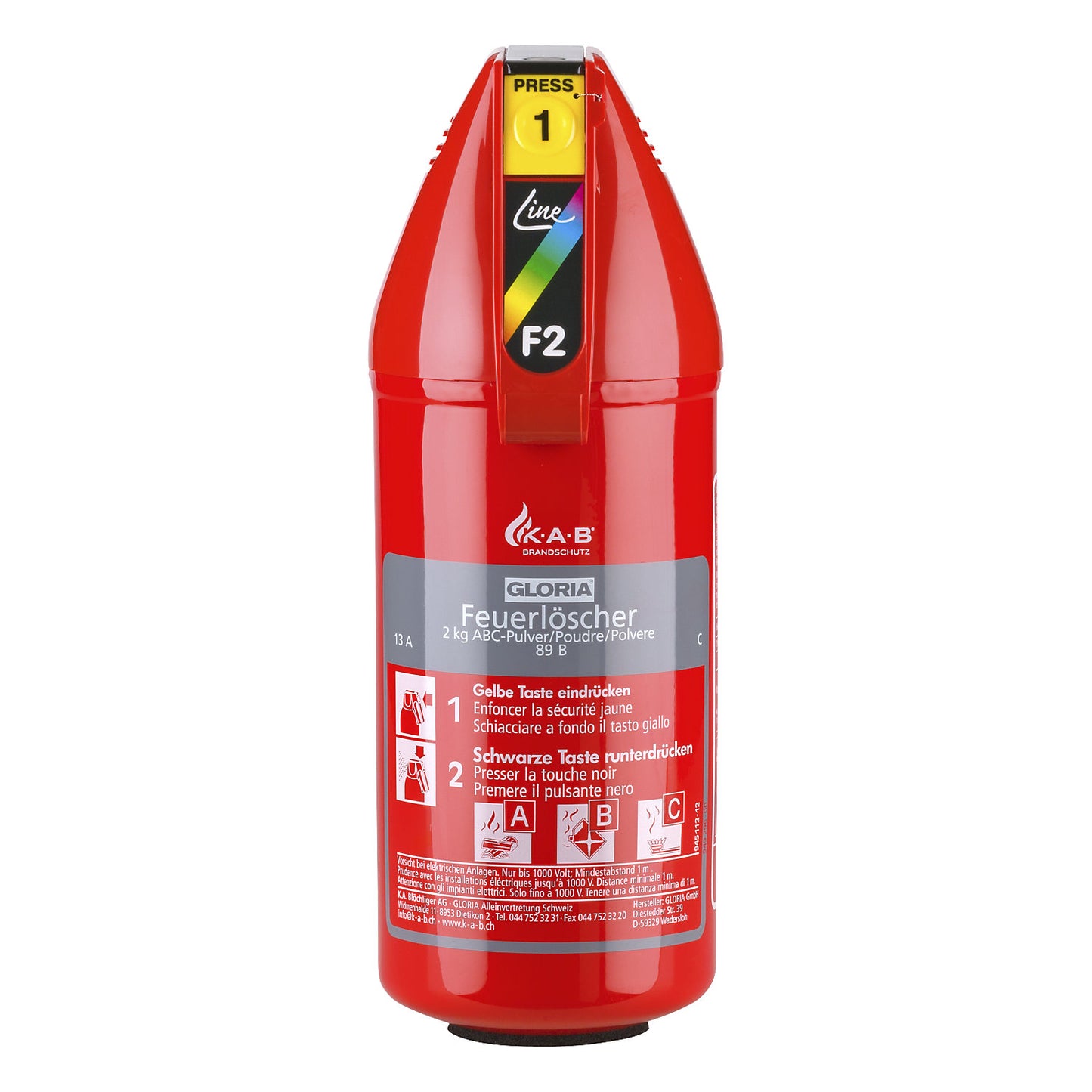 Compact powder fire extinguisher, capacity 2 kg, incl. pressure gauge, fire classes A+B+C.
