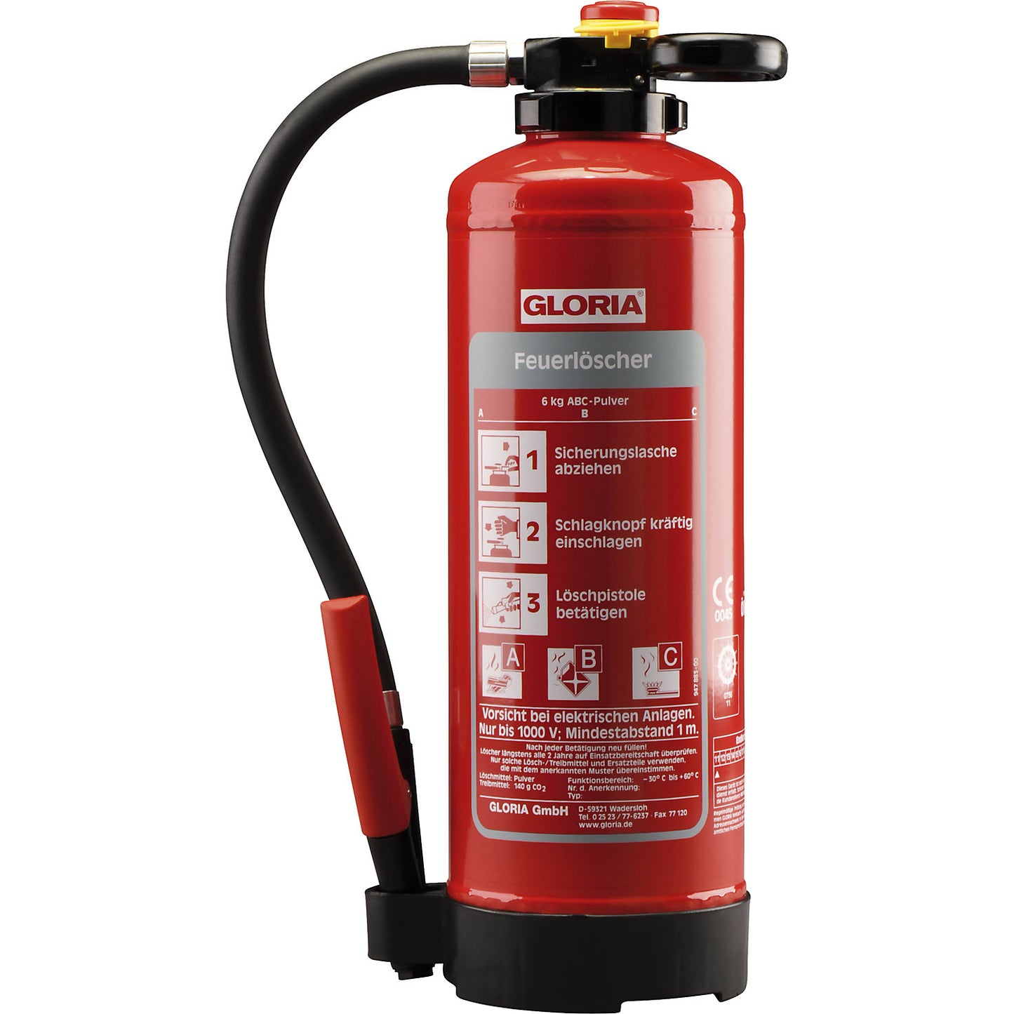 Cartridge operated powder extinguisher, capacity 6 l, fire classes A+B+C.