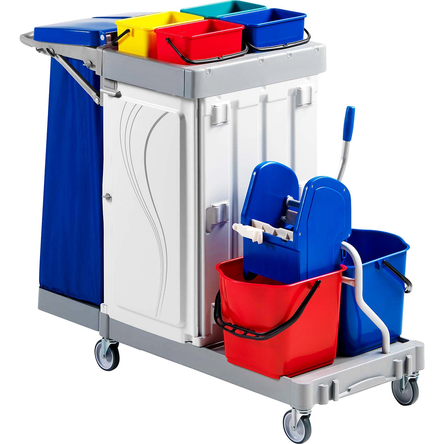 POLY III cleaning trolley, 2 x 15 l buckets, 4 x 4 l buckets, with lockable doors.