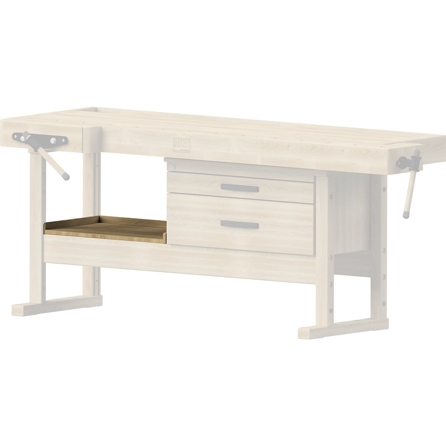 Storage tray next to add-on drawer unit, width x depth x height 700 x 430 x 20 mm, for carpenters' planing bench.