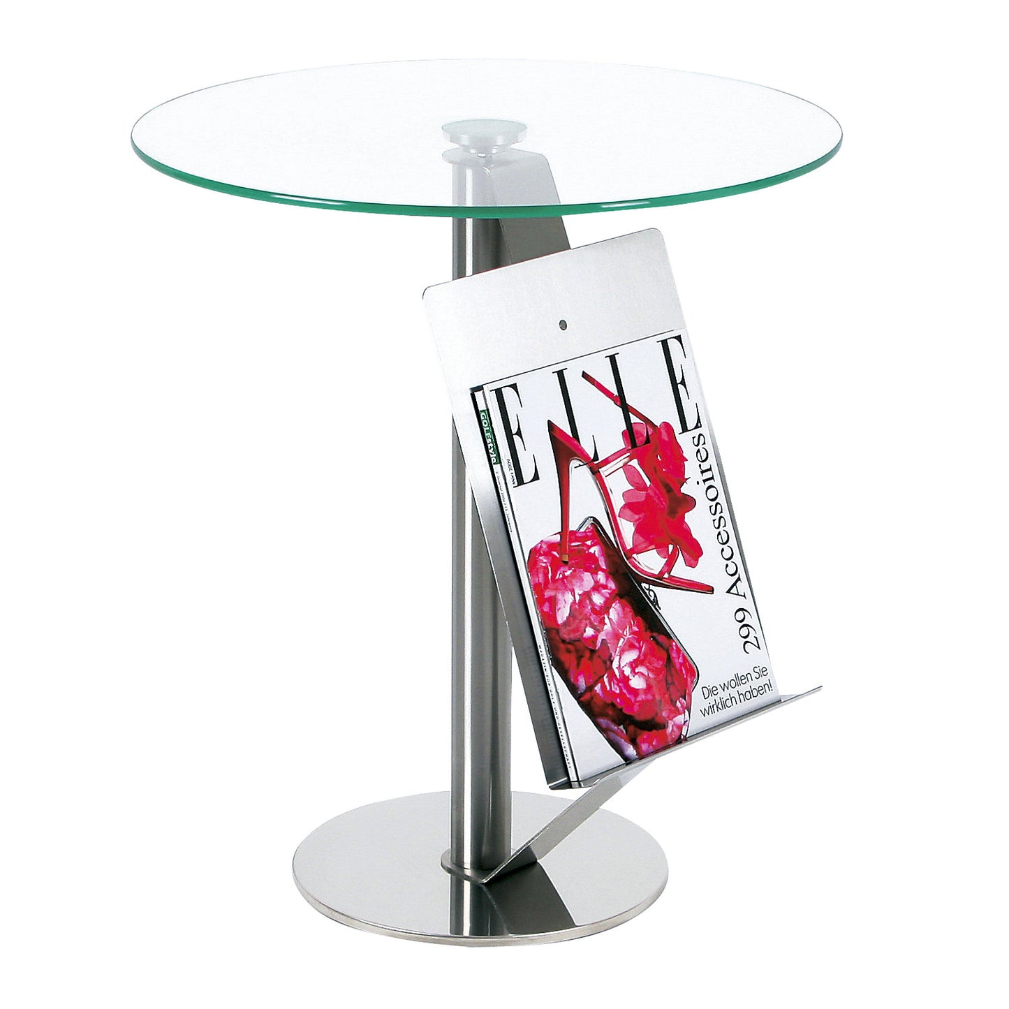 Side table with magazine rack, HxØ 550 x 495 mm, clear glass top.