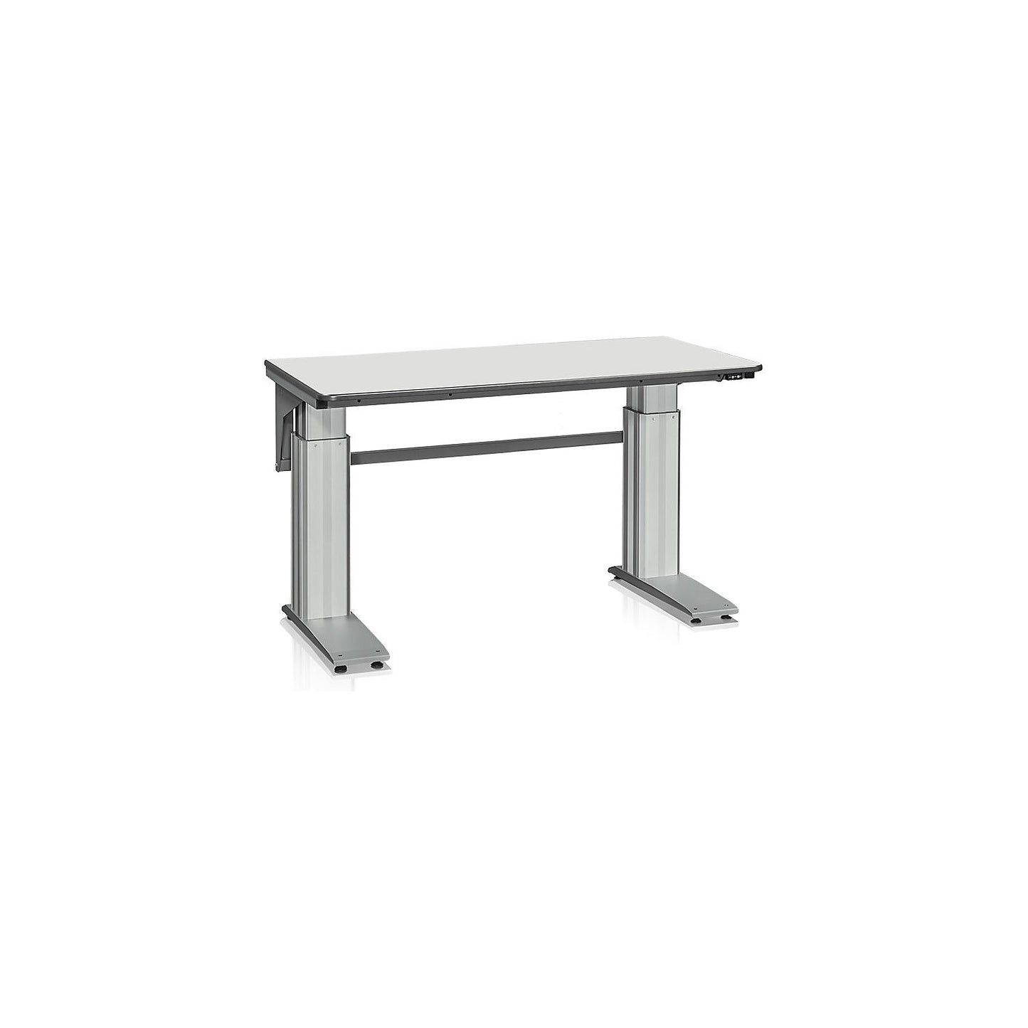 Electrically height adjustable work table, max. load 500 kg, LxW 1600 x 800 mm, grey laminate.