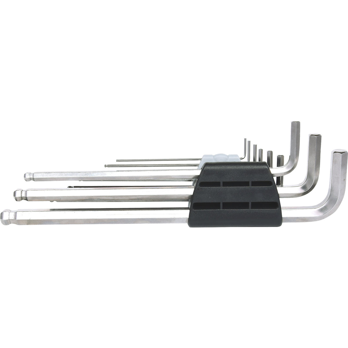 Stainless steel angle key wrench set, XL, hexagon socket with ball head, 9 parts.