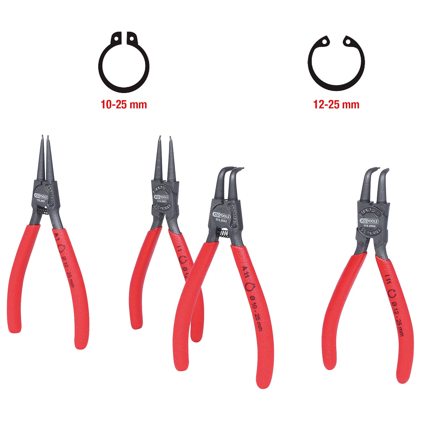 Set of circlip pliers, 90° angle, 4 parts.