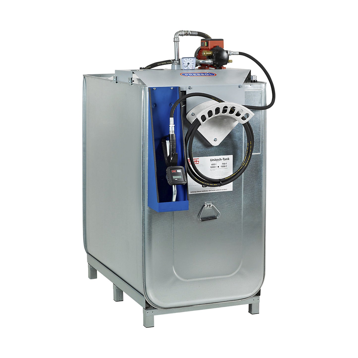 Compact oil tank system for fresh oil / low flammability oils, capacity 1000 l, electric pump, hose length 8 m.