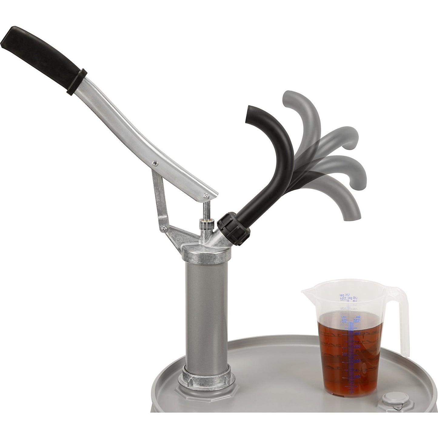 Lever operated cylinder-type manual pump, pump rate 18 l/min, with drainage elbow, for oil, diesel.