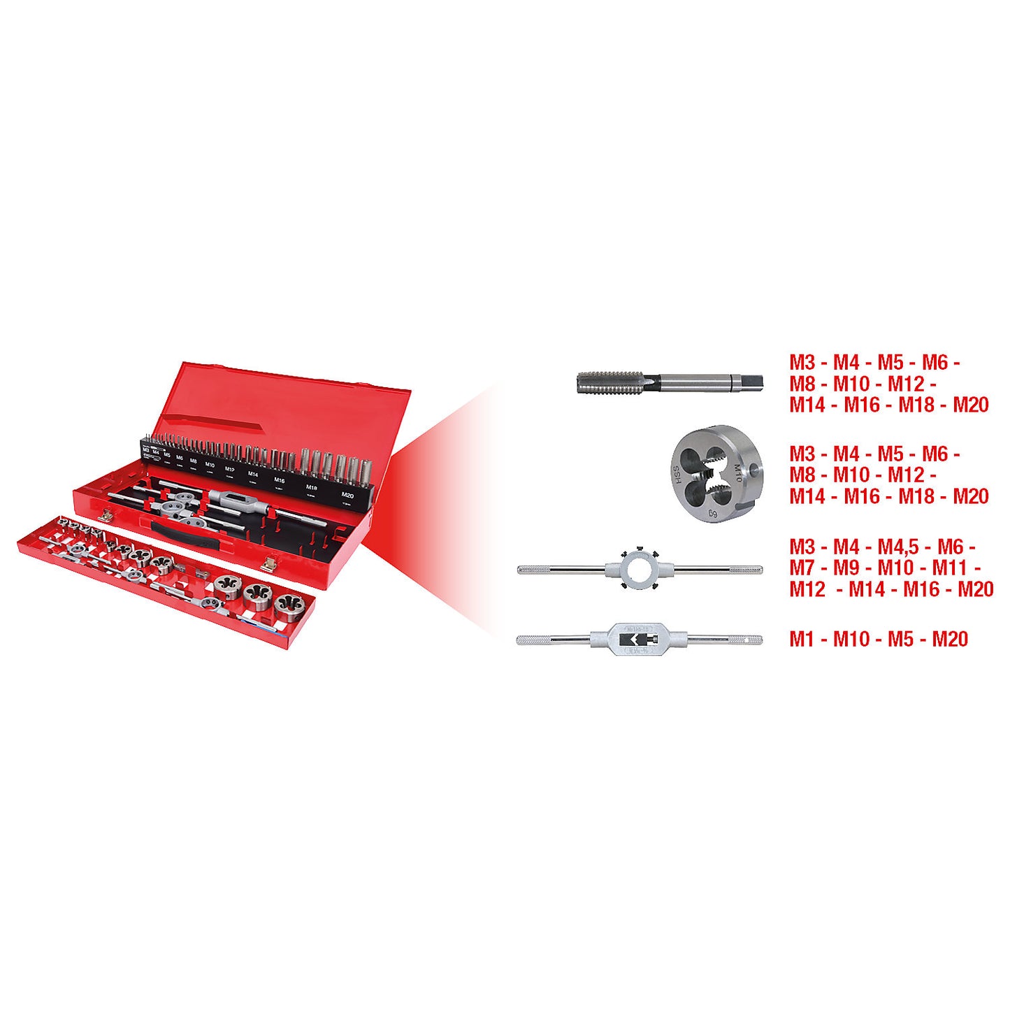 HSS tap and die set, 54 parts, industrial case.