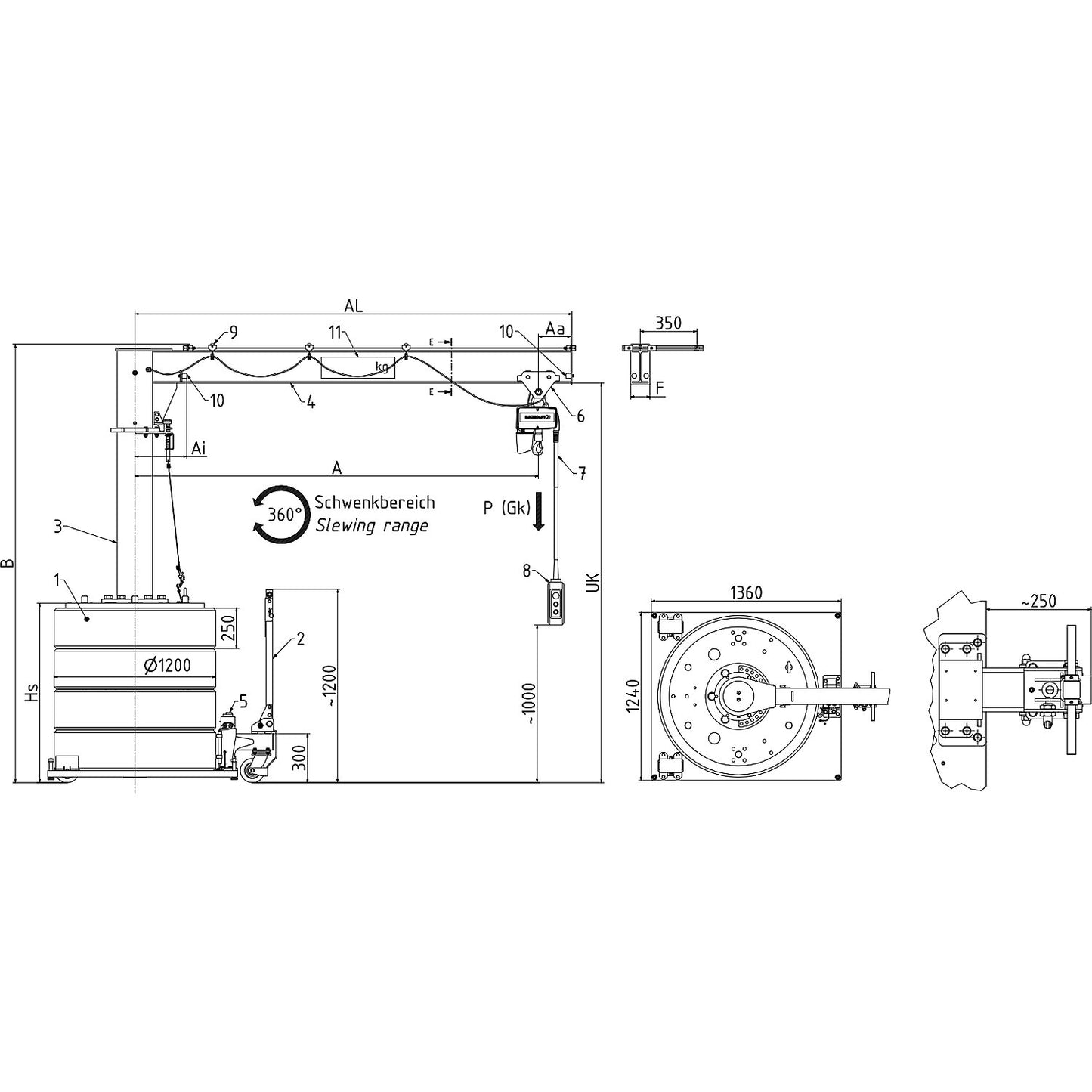 Mobile post mounted jib crane, slewing range 360°, max. load 500 kg, reach 2.0 m.