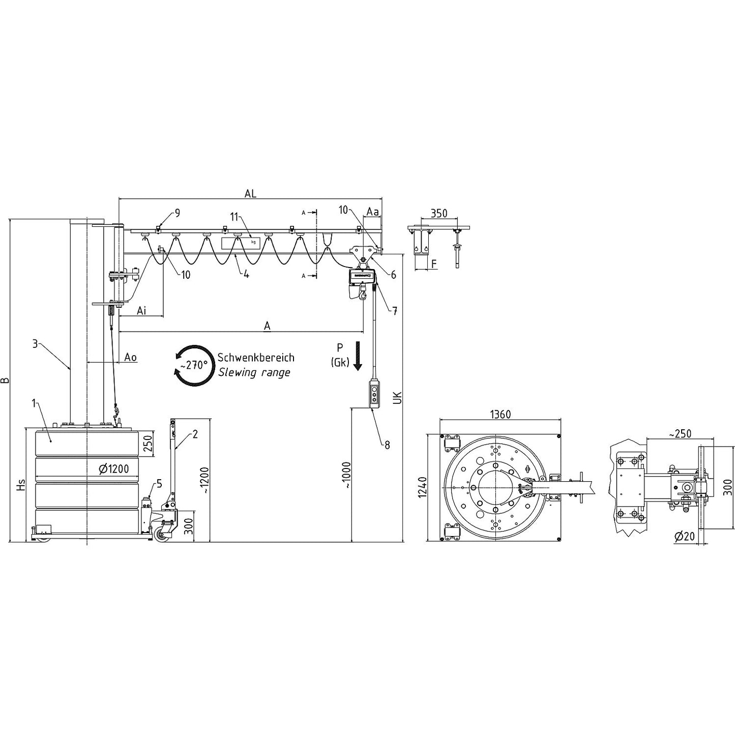 Mobile post mounted jib crane, slewing range 270°, max. load 125 kg, reach 3.0 m.
