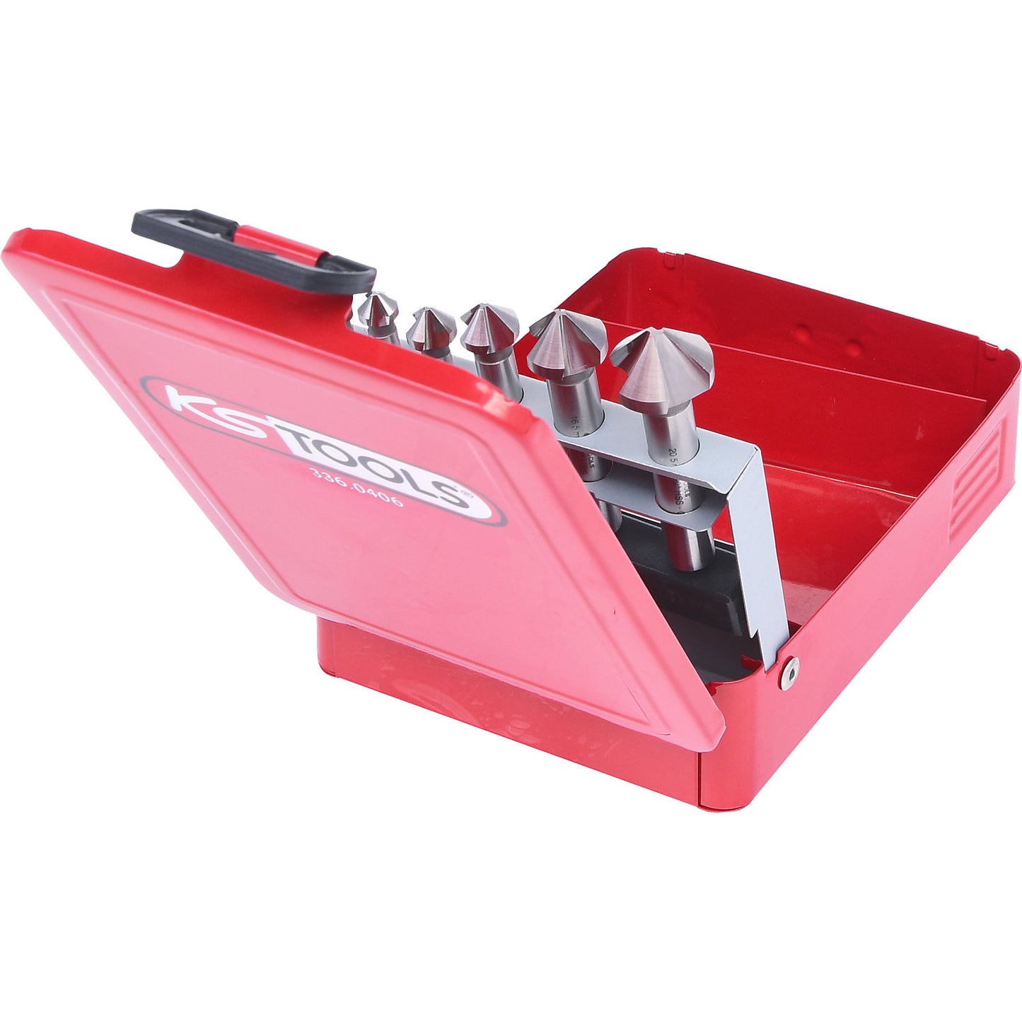 HSS cone and deburring countersink set, sheet steel case, 6 parts.