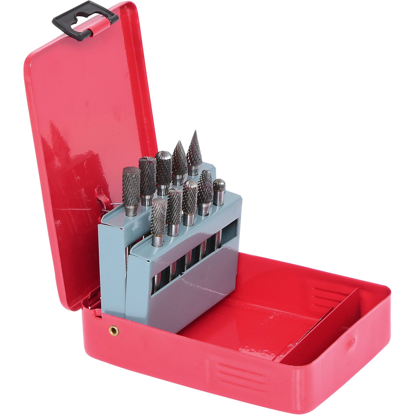 HM milling burr set, 10 pcs, in sheet steel case, silver.