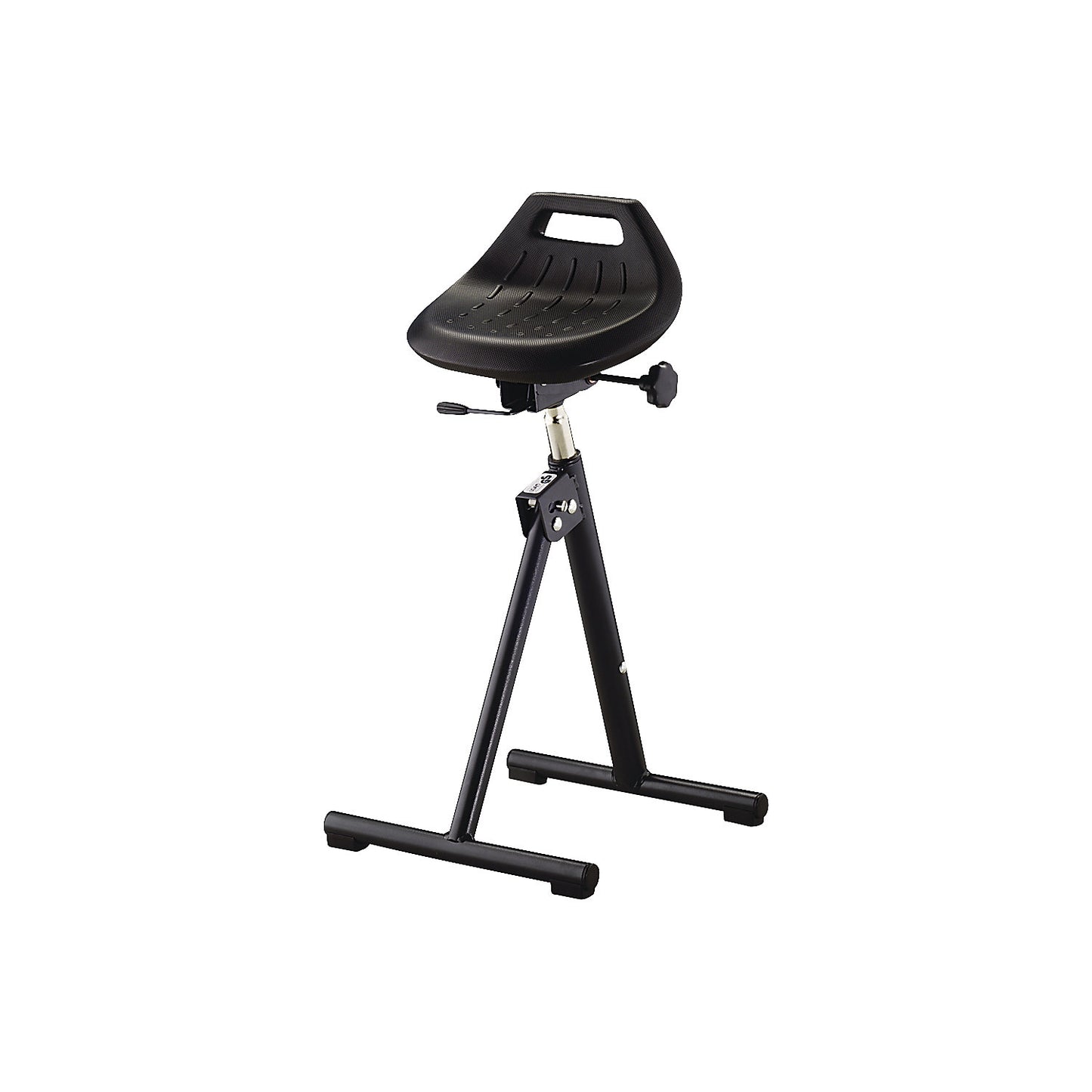 Industrial anti-fatigue stool, with folding base frame, adjustable seat inclination.