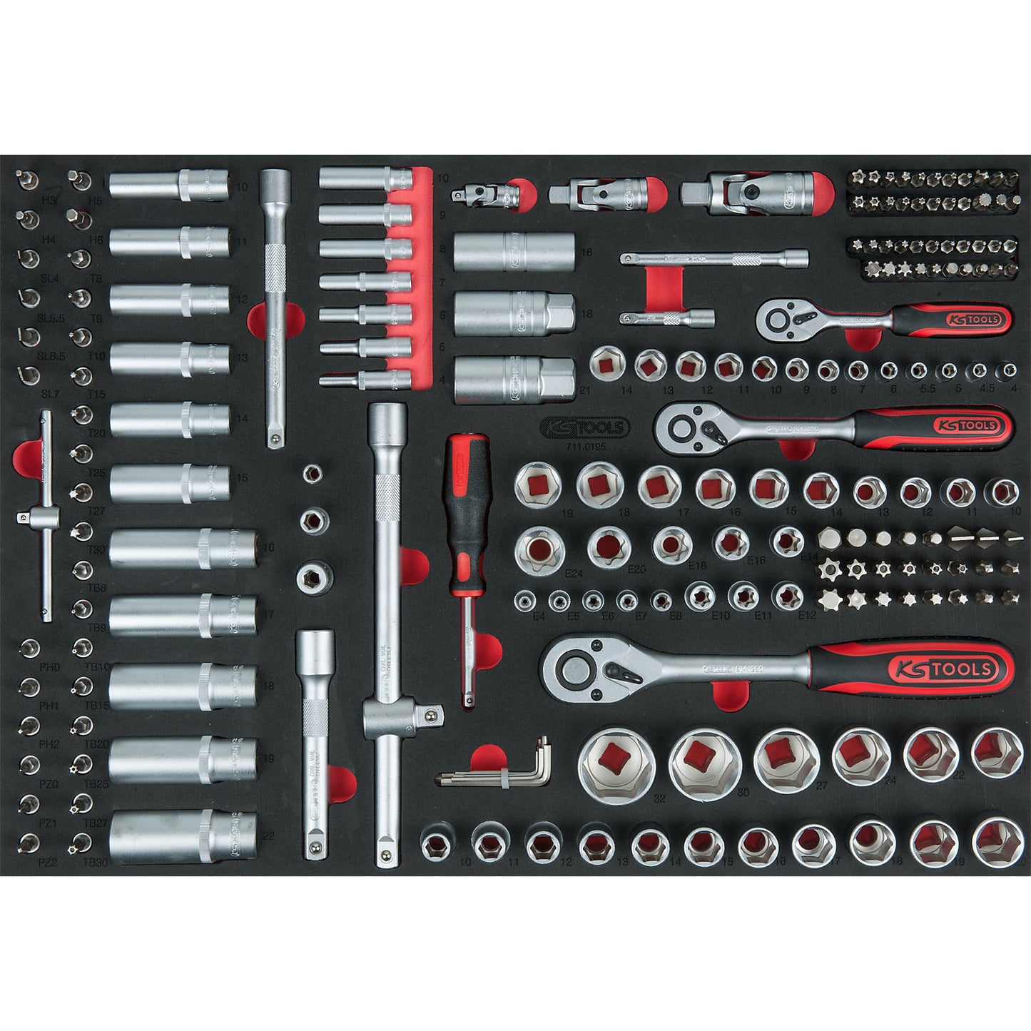 1/4'' + 3/8'' + 1/2'' socket set, height 35 mm, 195 parts, full drawer inlay.