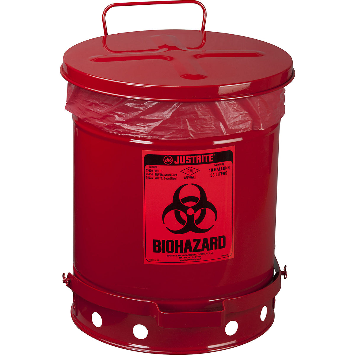 Sheet steel safety disposal can for biohazardous waste, BIOHAZARD sticker, capacity 34 l, with pedal, red.