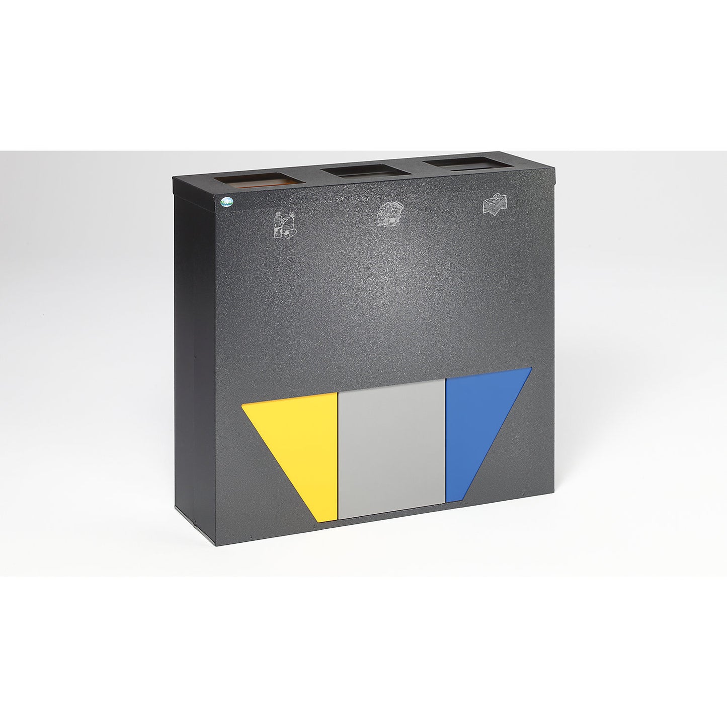 TRAPEZ recyclable waste collection station, 3 x 89 l, with top section and clamping ring, antique silver, 3 inserts yellow / silver / blue.
