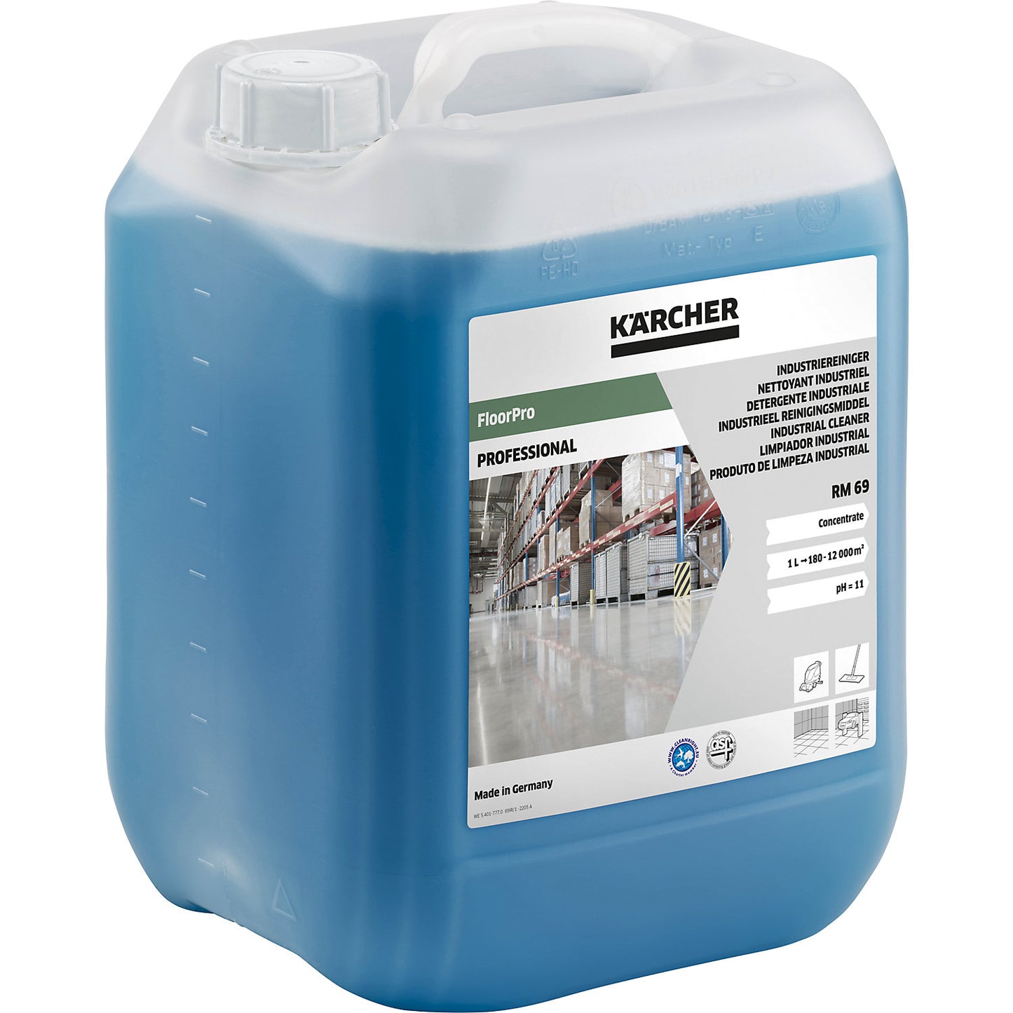 RM 69 industrial cleaner, content 10 l, pH value 10.7.