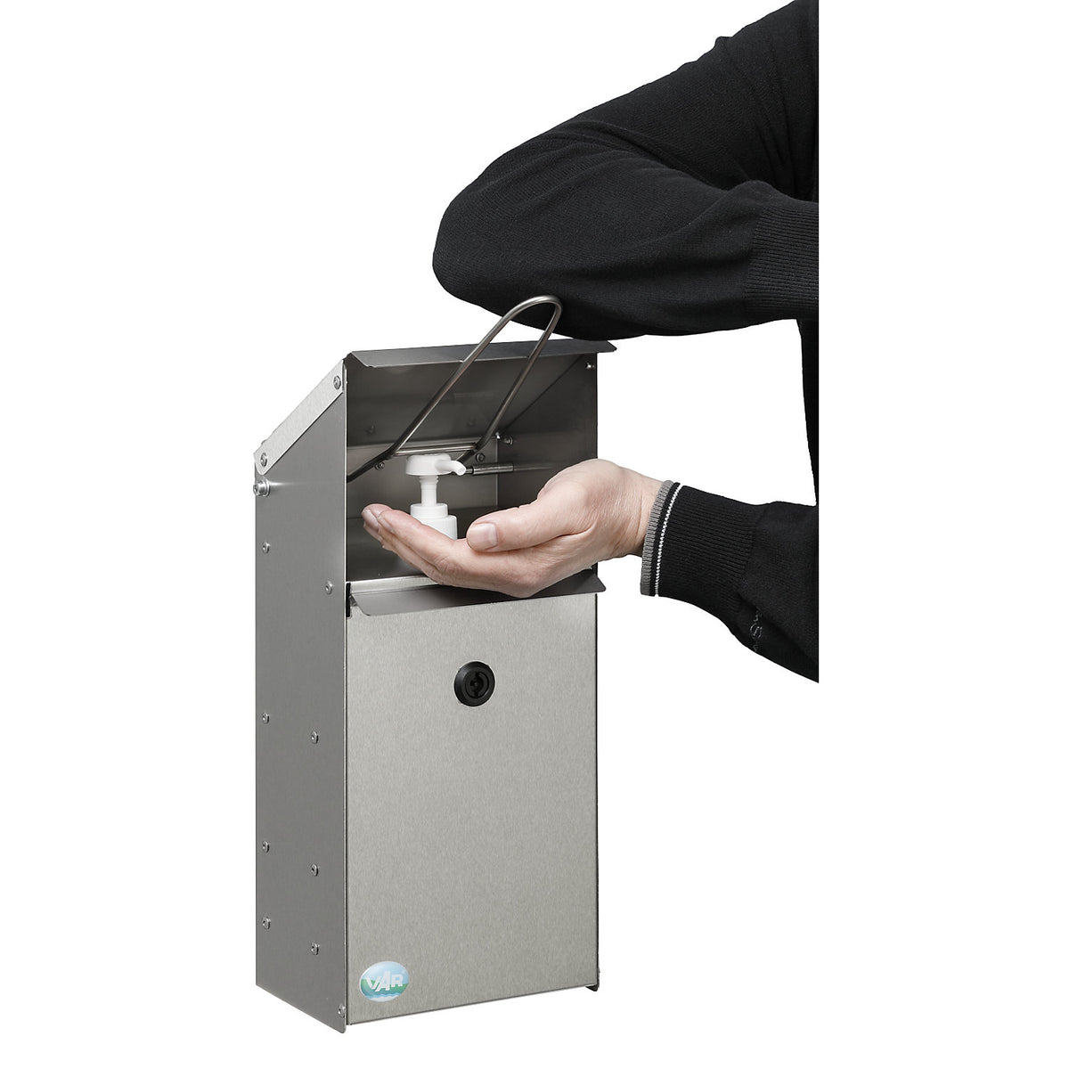 Hand disinfectant dispenser with wall bracket, lockable, stainless steel.