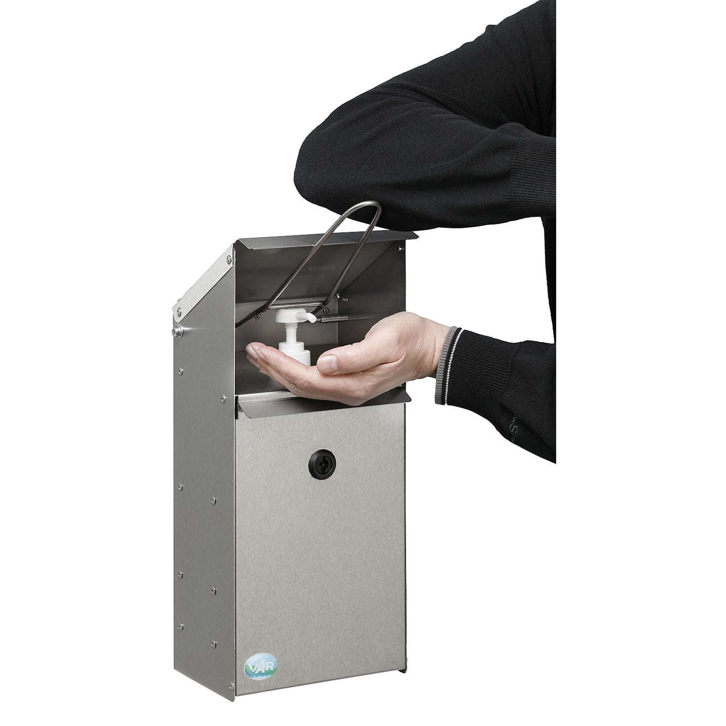 Hand disinfectant dispenser with wall bracket, lockable, stainless steel.