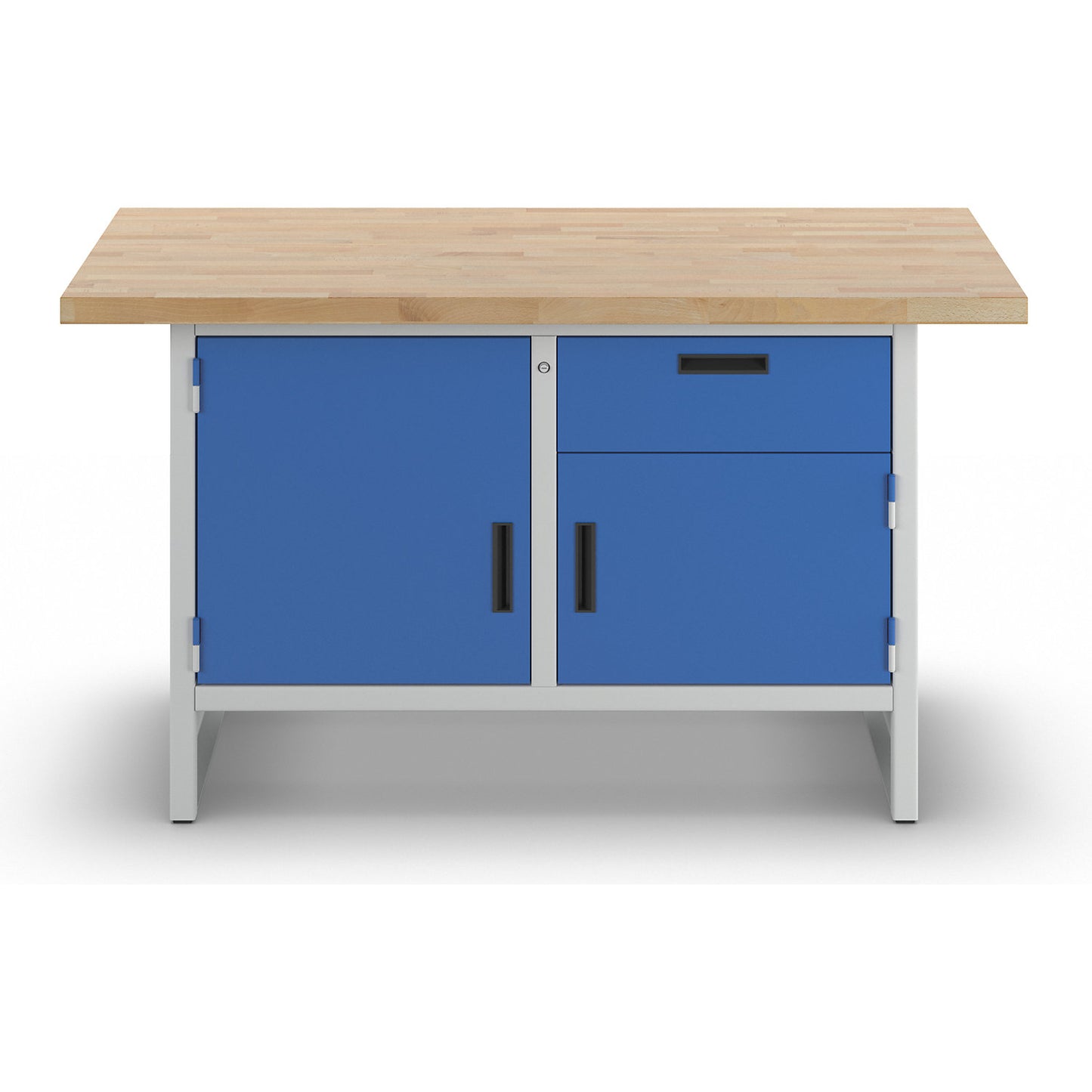 Workbench with closed sides, 1 drawer, 2 doors, width 1500 mm, light grey / gentian blue.