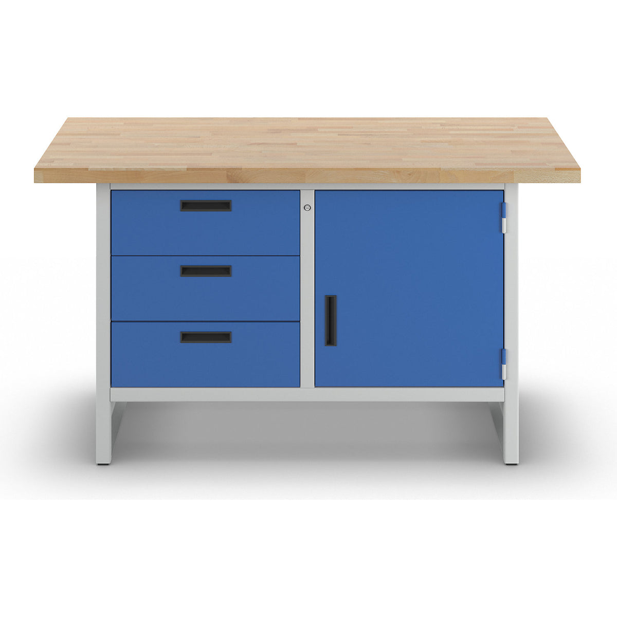 Workbench with closed sides, 3 drawers, 1 door, width 1500 mm, light grey / gentian blue.