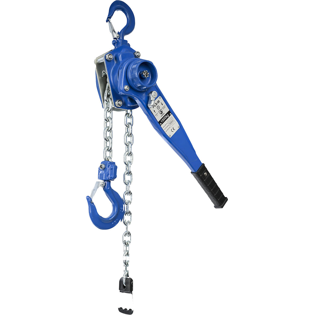 PLX-III ratchet chain hoist, standard lifting height 1.5 m, max. load 1500 kg.