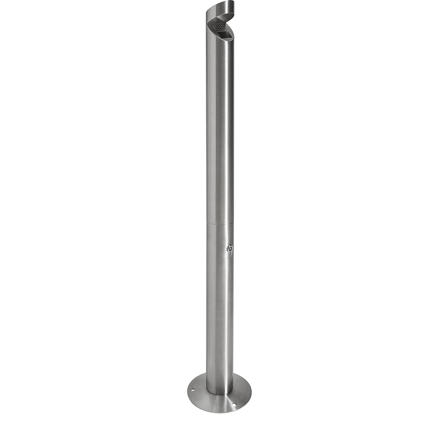 Stainless steel pedestal ashtray with covered opening, capacity 1.5 l, lockable.