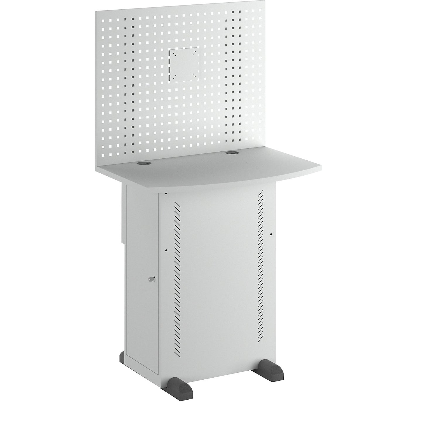 Computer cabinet, with worktop and perforated panel, light grey.
