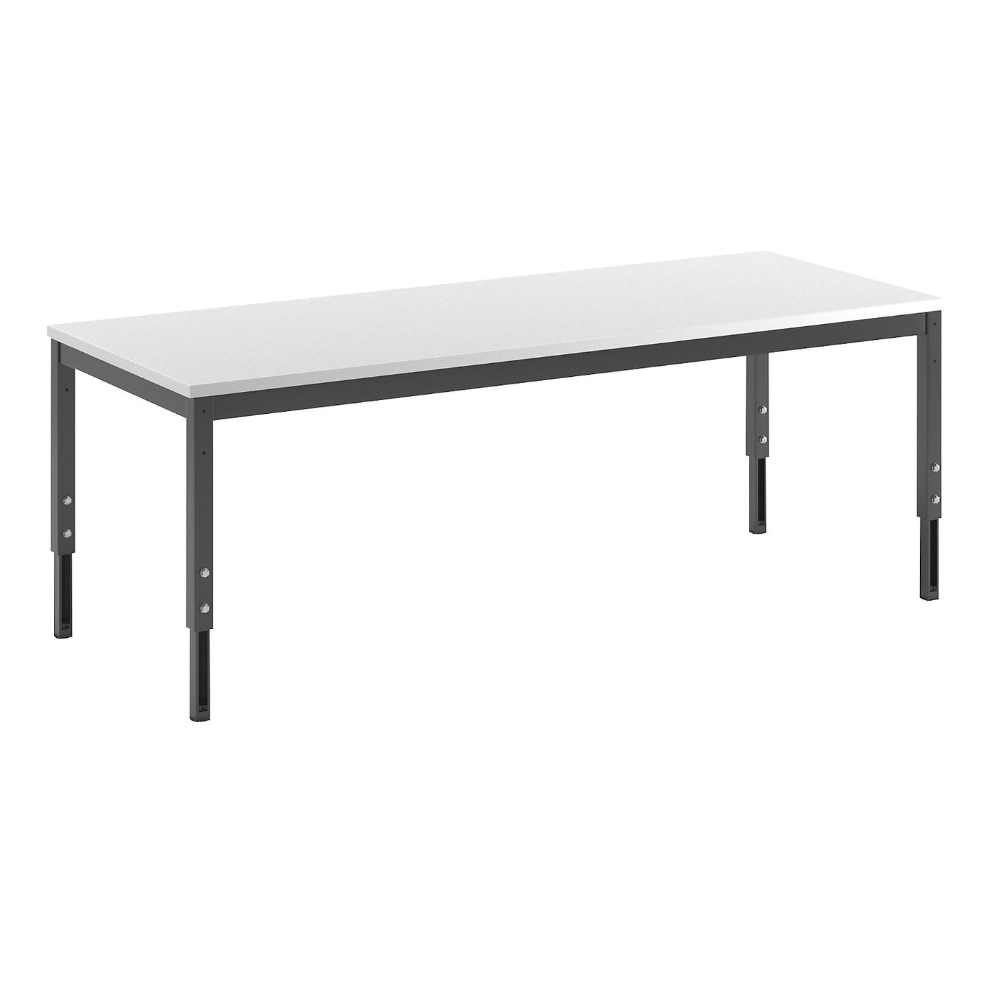 Height adjustable work table, 45 x 45 mm rectangular tubing, melamine worktop, WxD 1800 x 900 mm.