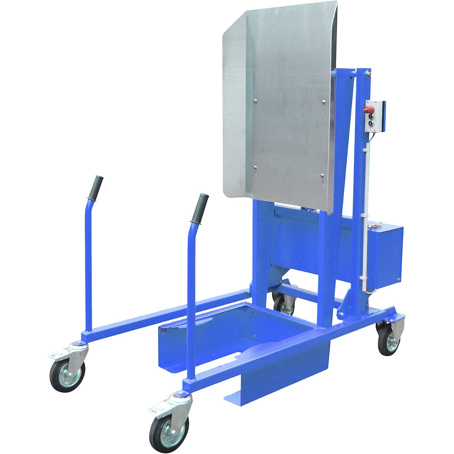 Waste bin tipping station, electric-hydraulic 12 V, light blue.