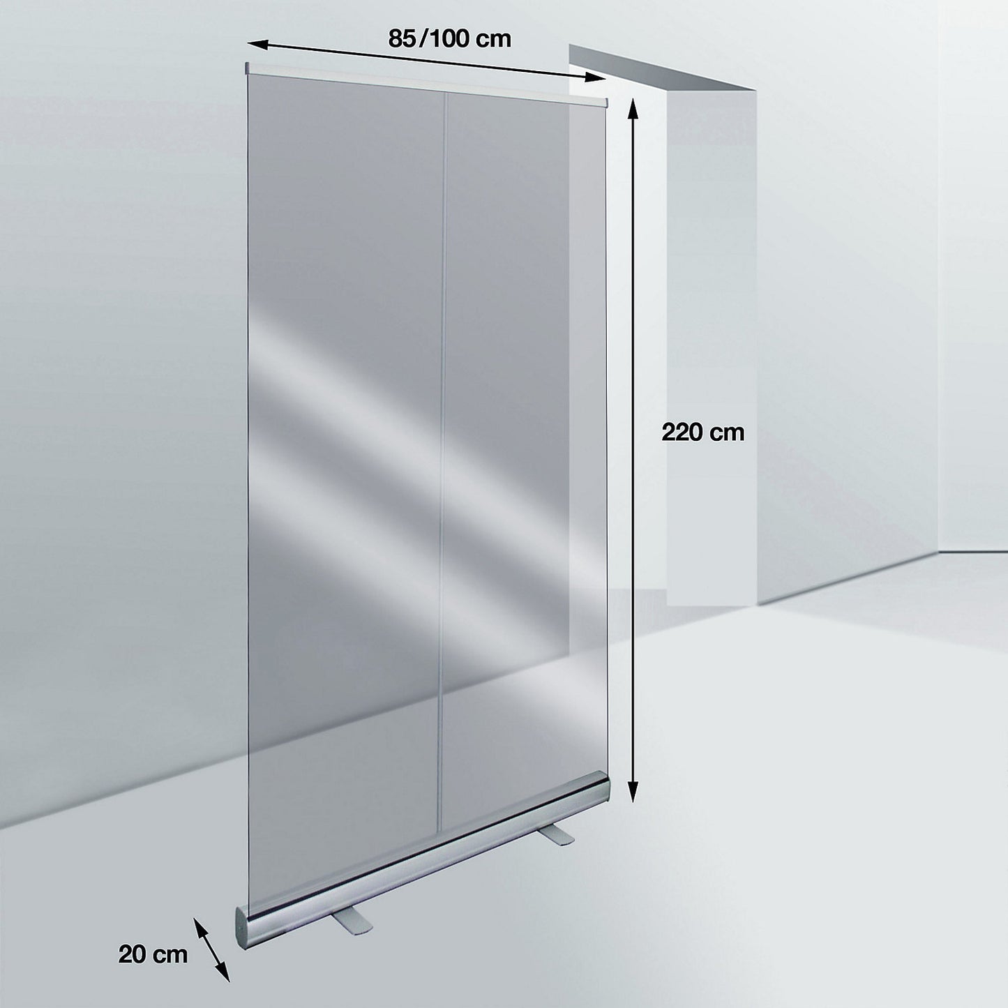 Roll-up hygiene protection partition, HxD 2100 x 300 mm, transparent, width 1000 mm.