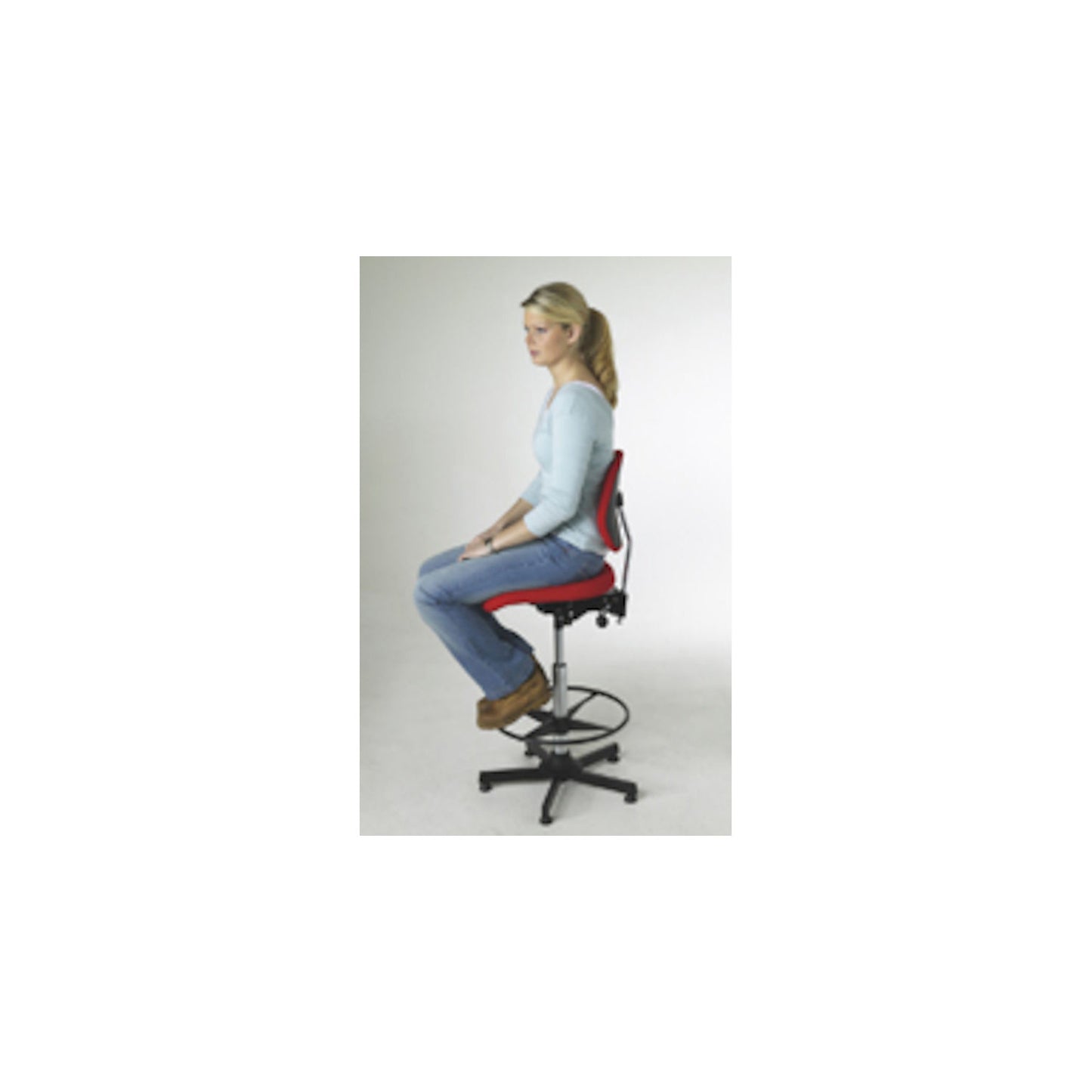 AEGA industrial chair, high model with floor glides and foot ring, fabric cover, red, height adjustable 670 - 930 mm.