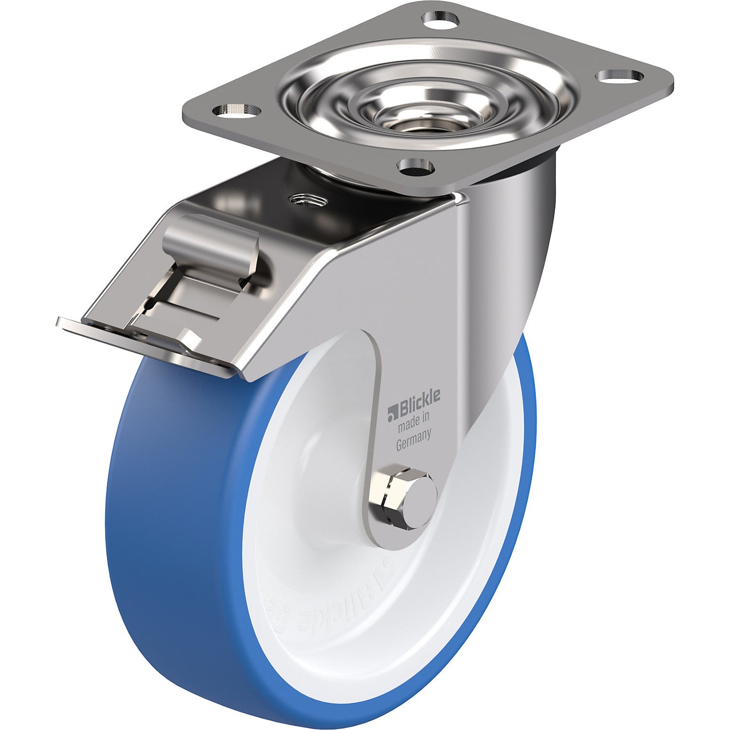 TPU wheel, sheet steel housing, wheel Ø x width 125 x 40 mm, swivel castor with double stop, plain bearings.
