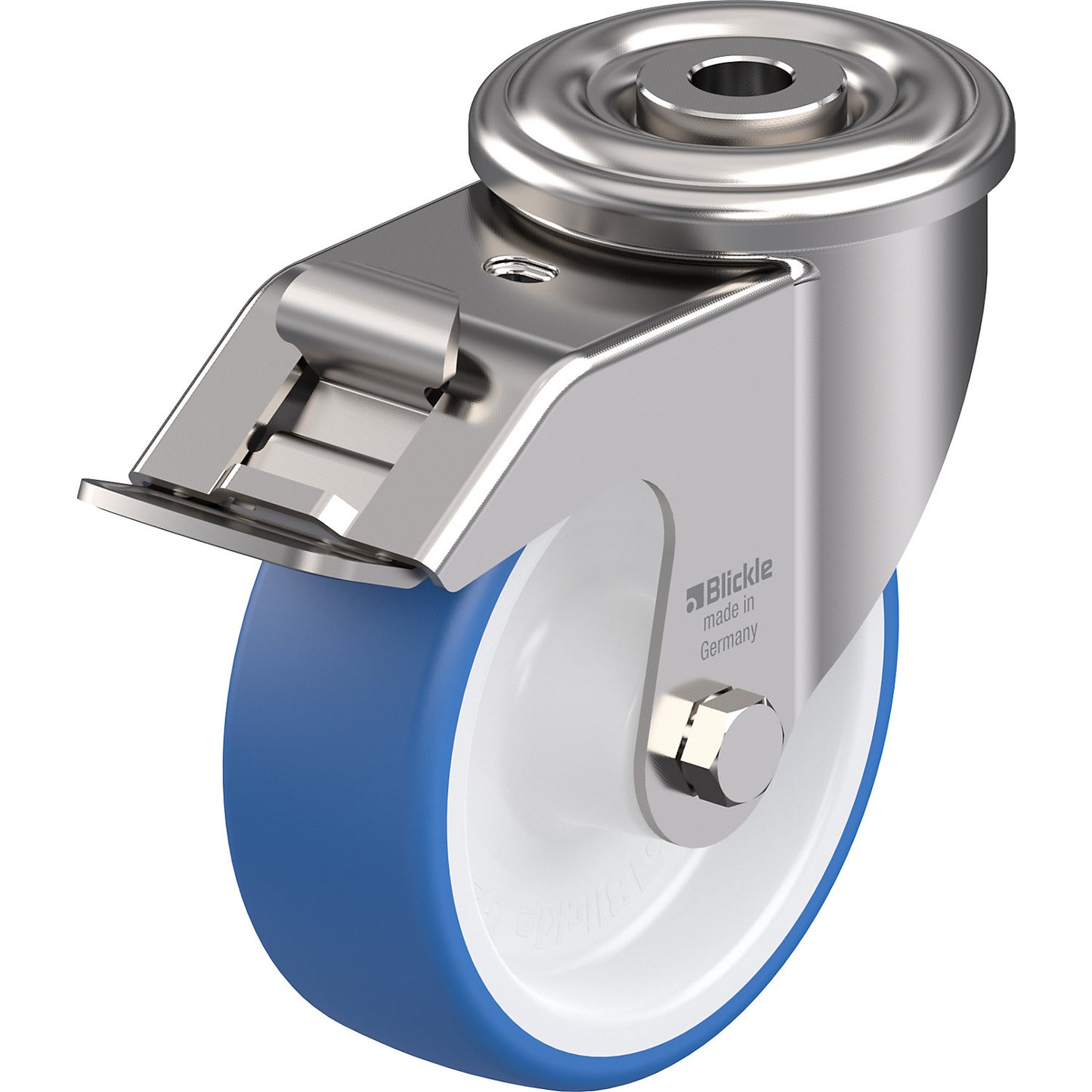 TPU wheel, stainless steel housing with bolt hole, wheel Ø x width 100 x 35 mm, swivel castor with double stop, plain bearings.