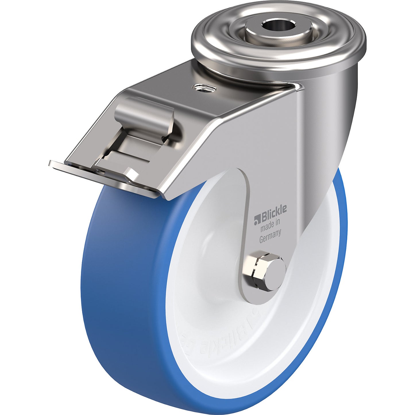 TPU wheel, stainless steel housing with bolt hole, wheel Ø x width 125 x 40 mm, swivel castor with double stop, ball bearings.