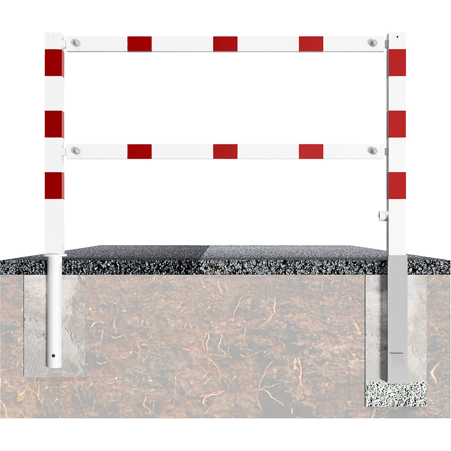 Access barrier, swivelling, with top rail and knee rail, white with red reflective stripes, width 3000 mm.