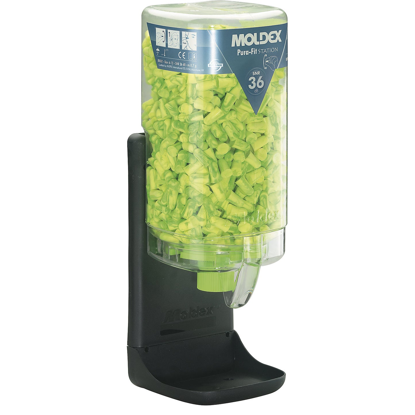 Ear plug station including ear plugs, PuraFit® green, SNR 36 dB, including 500 pairs of PuraFit®.