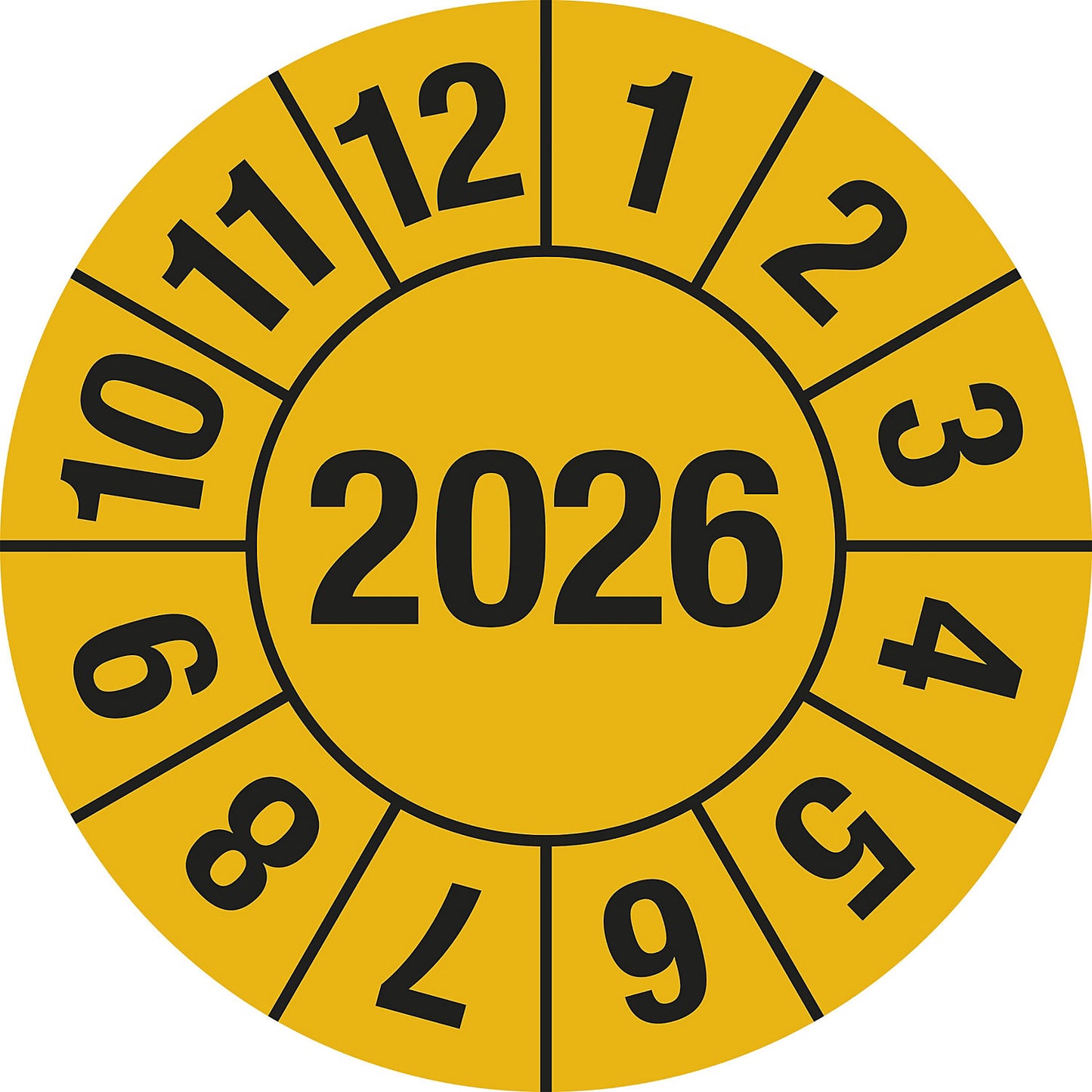 Test placard, 4 digit year, document film, Ø 25 mm, pack of 10, 2026, yellow.